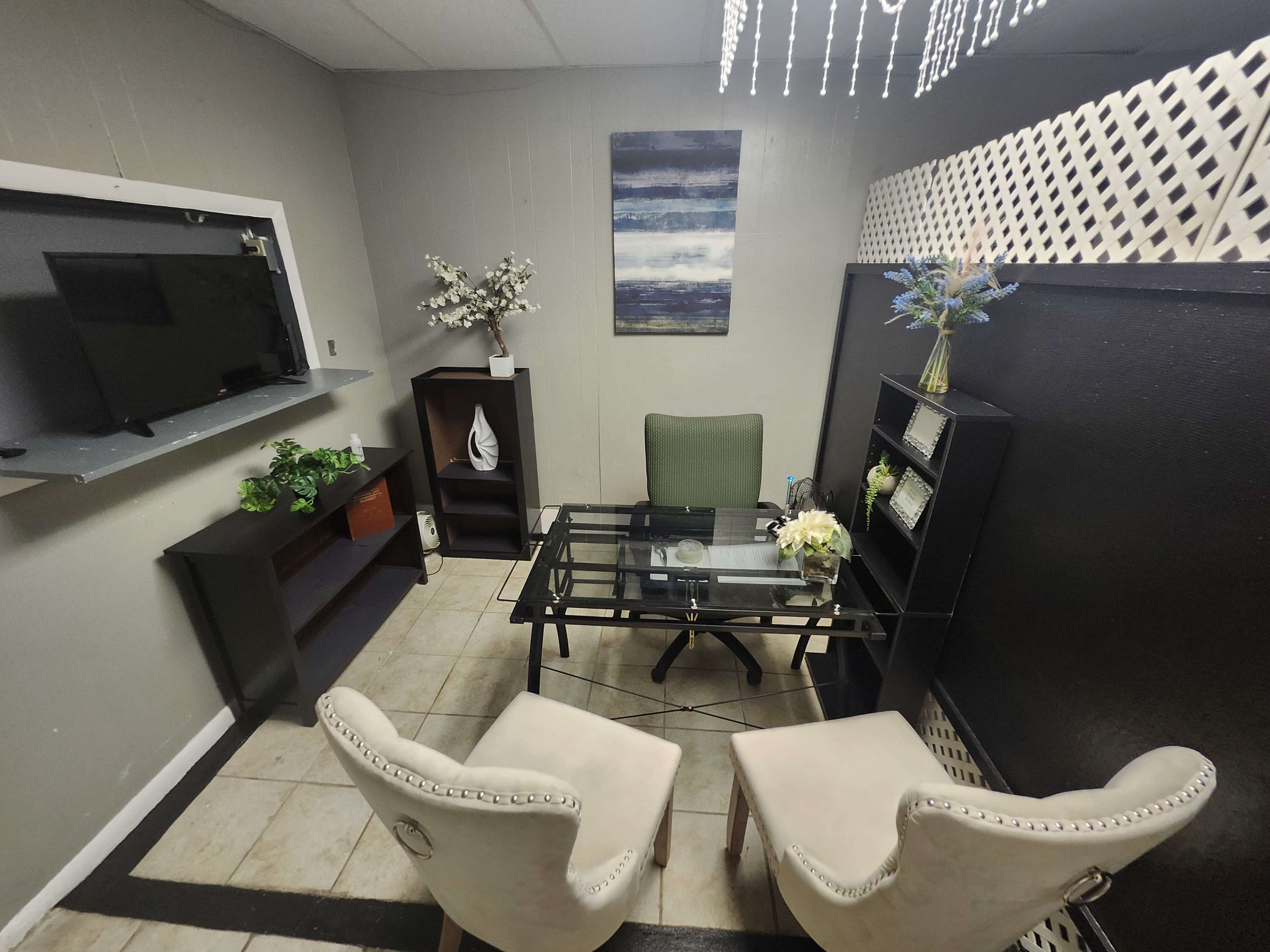 The image shows a small office space with a glass table, two upholstered chairs, a television mounted on the wall, and decorative plants.