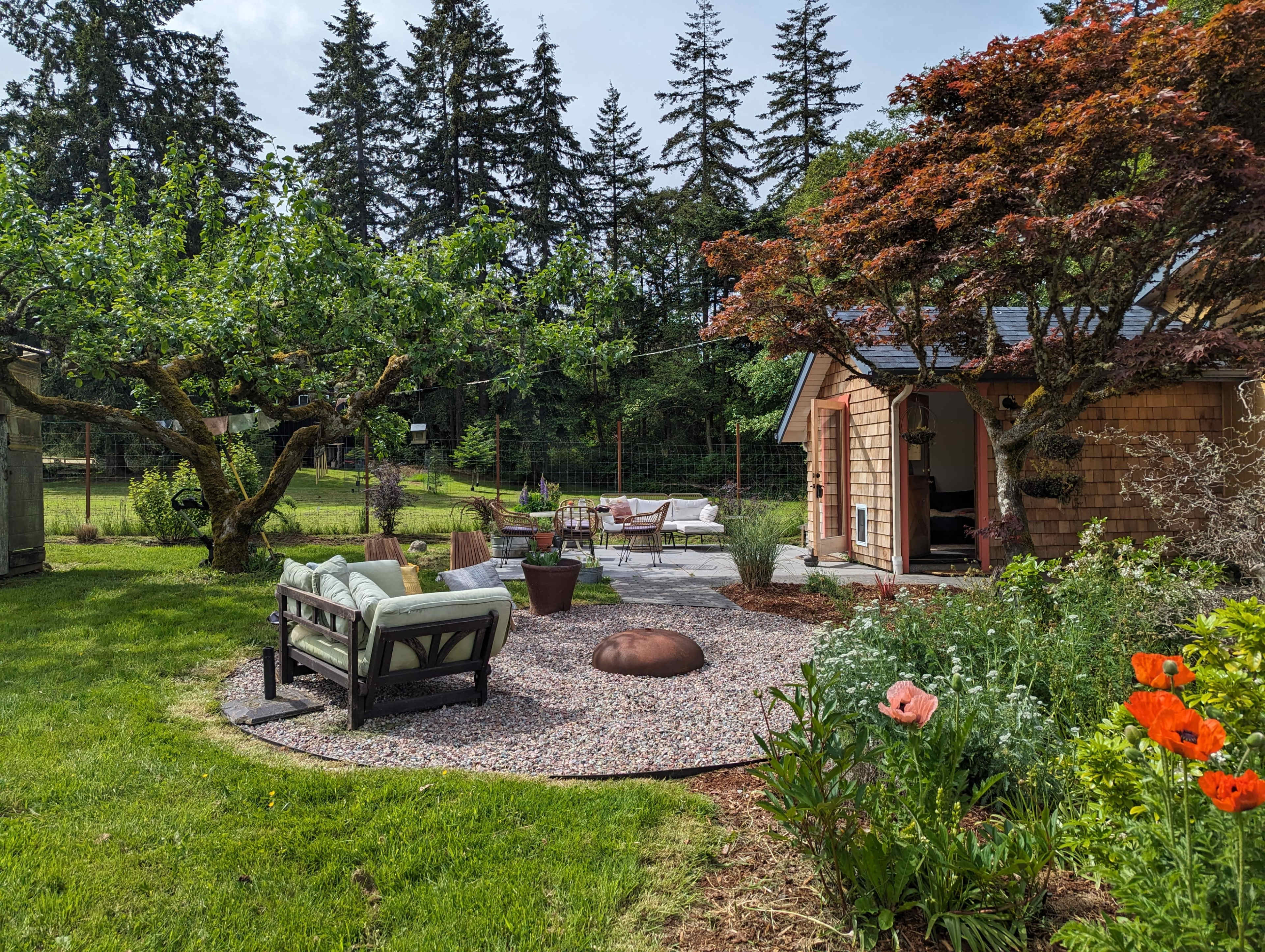 The image shows a serene garden featuring various seating arrangements, a stone fire pit, and blooming flowers surrounded by tall trees and a small shed.