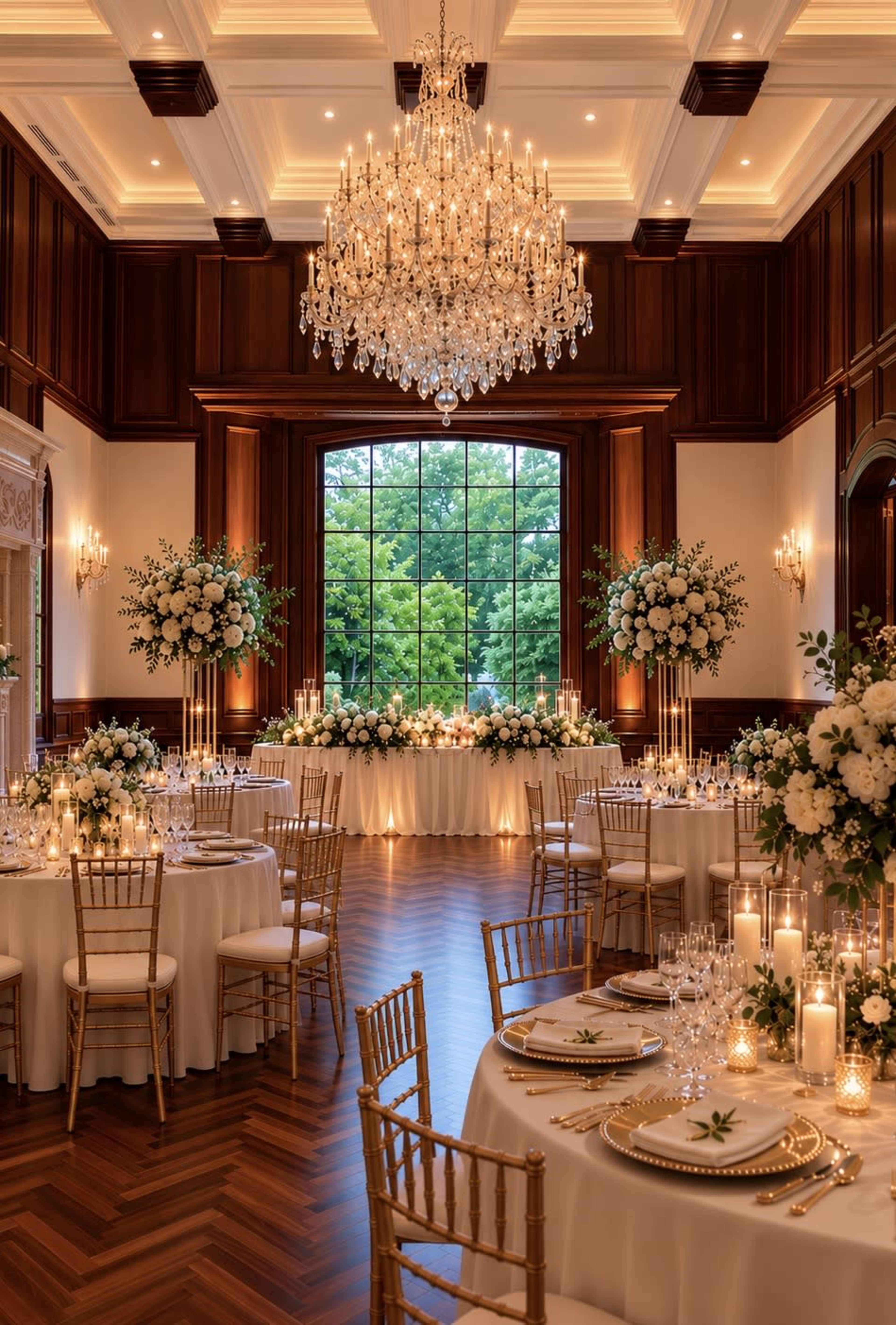 The image shows an elegantly decorated banquet hall with round tables, gold accents, and floral arrangements, illuminated by a large chandelier and candles.