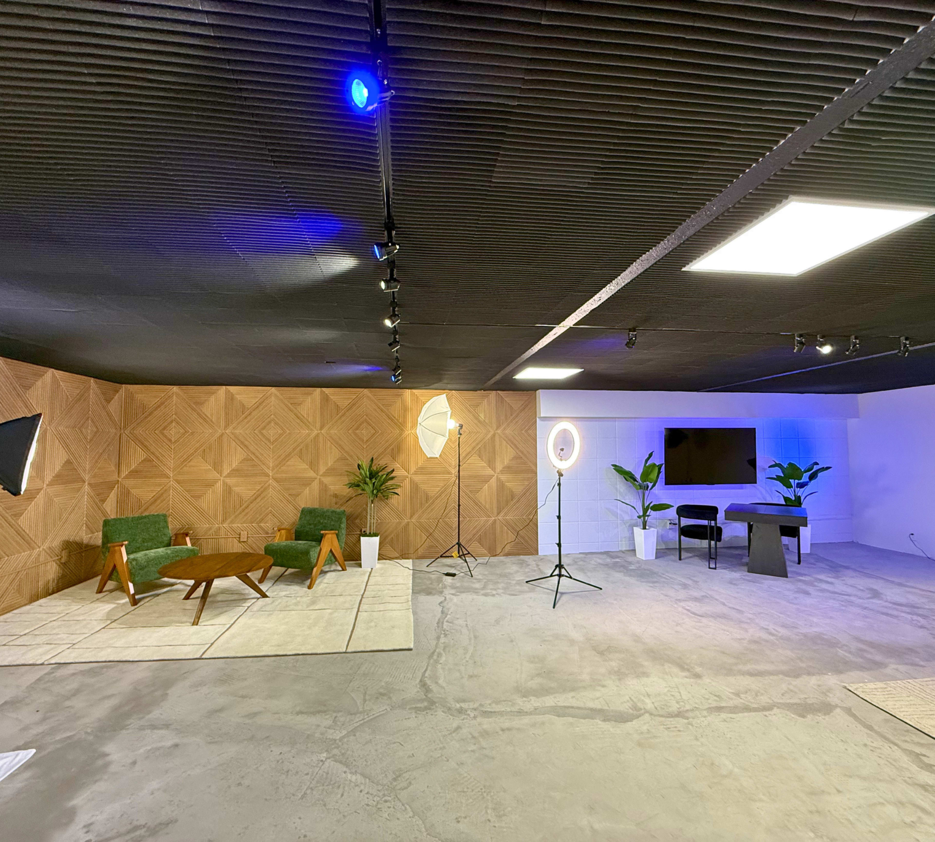 The image shows a spacious studio with green armchairs, a table, a ring light, a large screen, and plants, set against a textured wooden wall and a concrete floor.