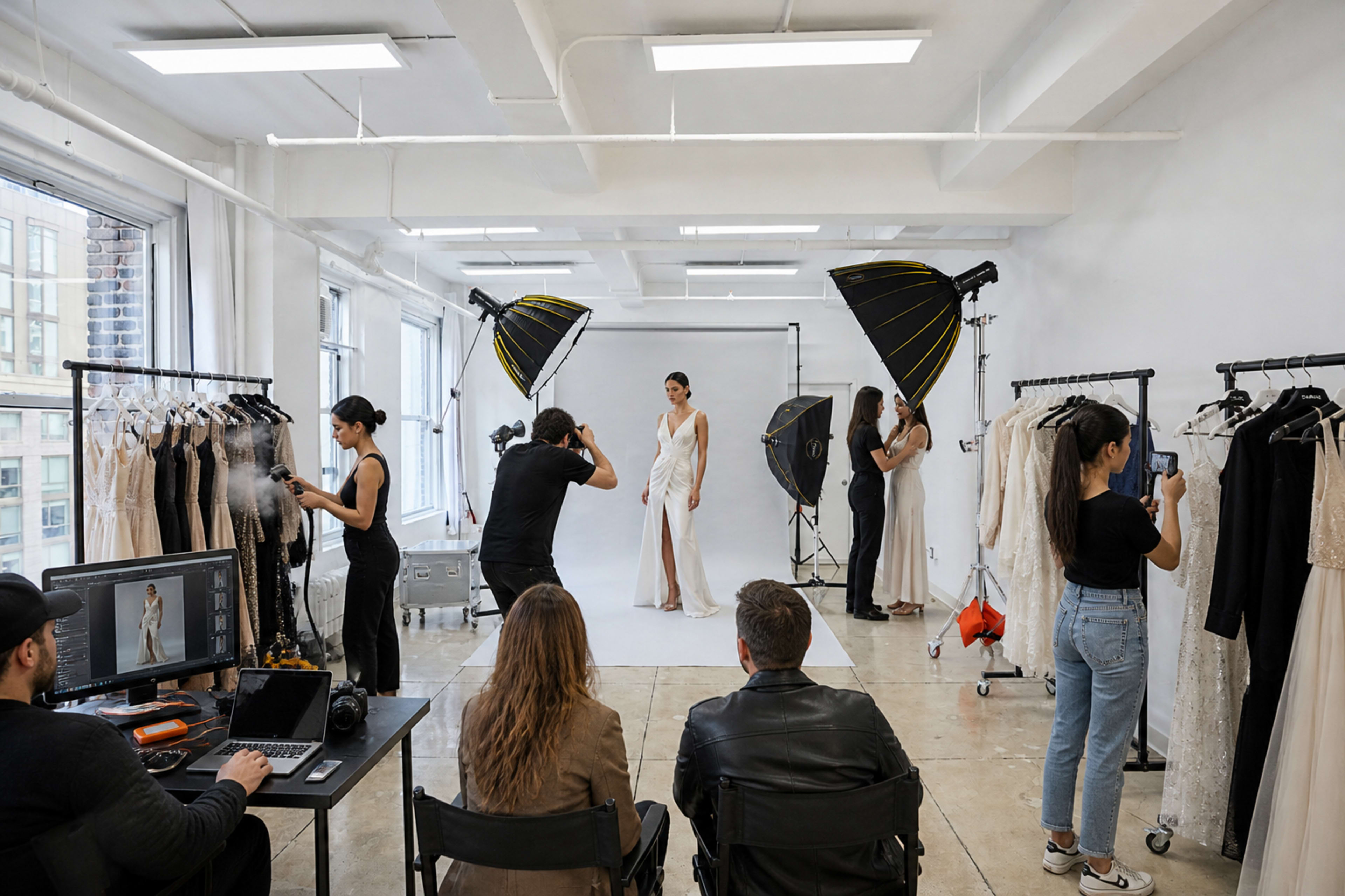 A fashion photoshoot is taking place in a studio with multiple lighting setups and models being styled in formal dresses.