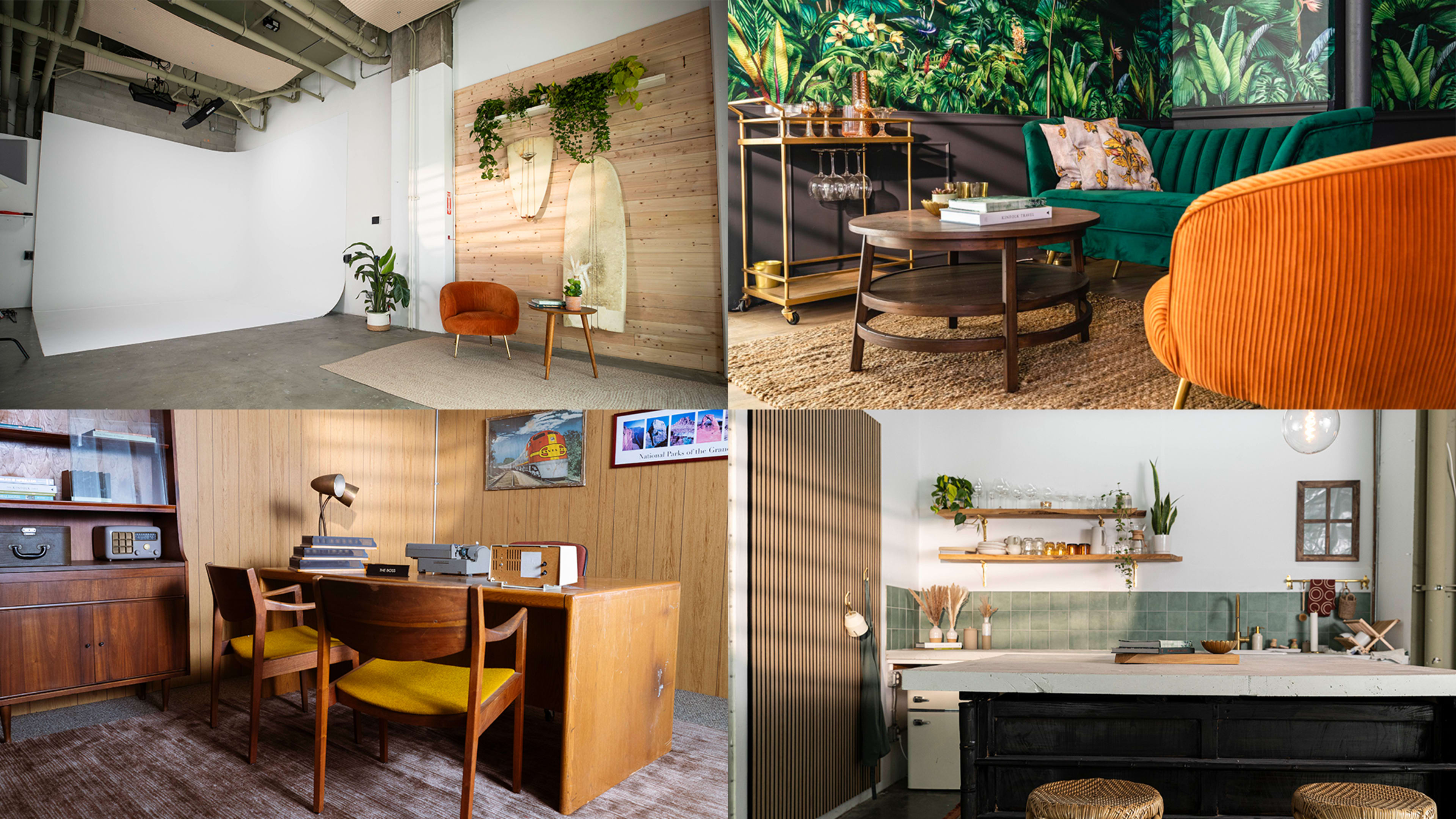Four distinct interior spaces: a minimalistic photo studio, a vibrant lounge area with green decor, a retro-style office with wooden furniture, and a modern kitchen with open shelving.