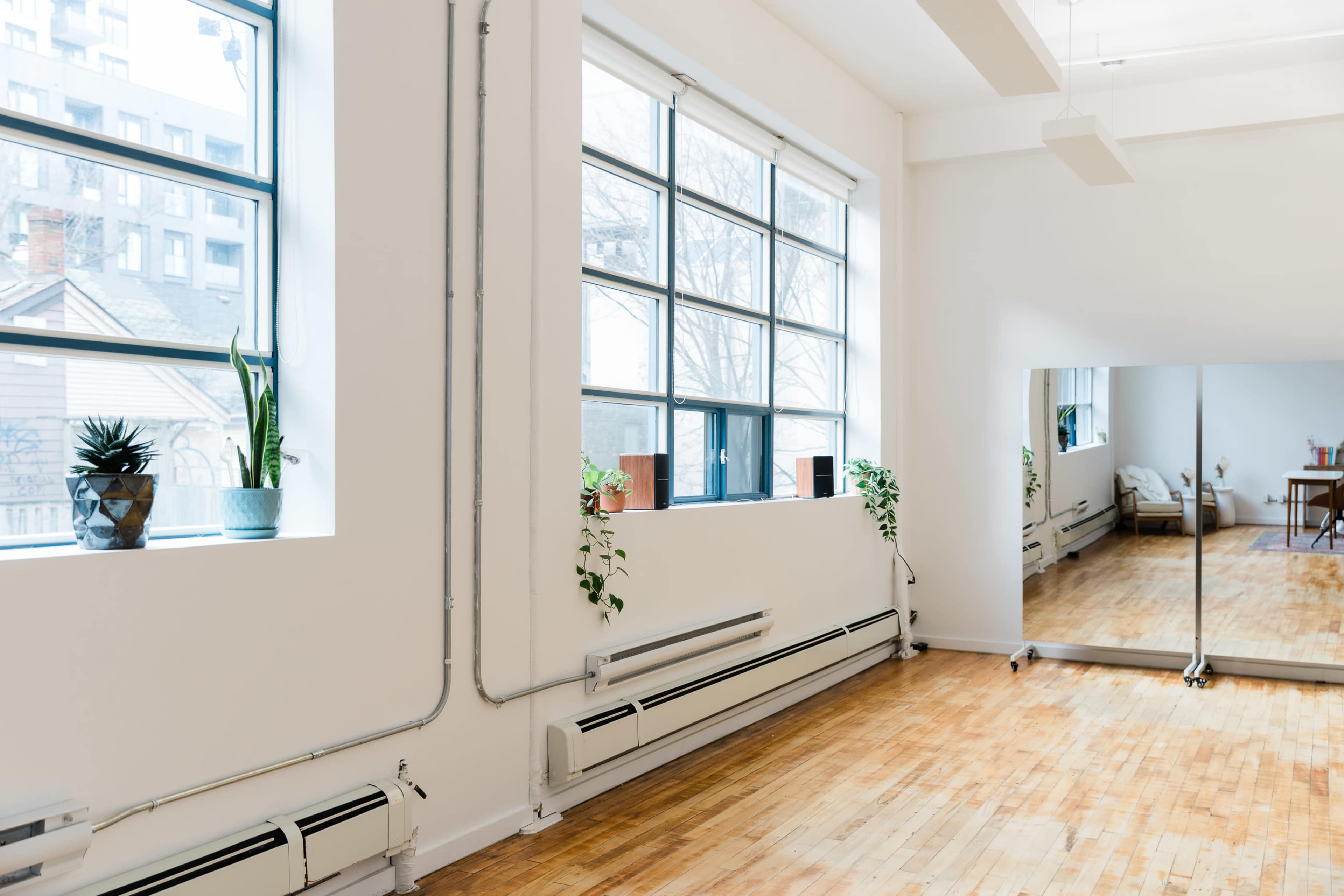 The image shows a bright, spacious room with large windows, wooden floors, and a mirror along one wall, adorned with potted plants on the windowsills.