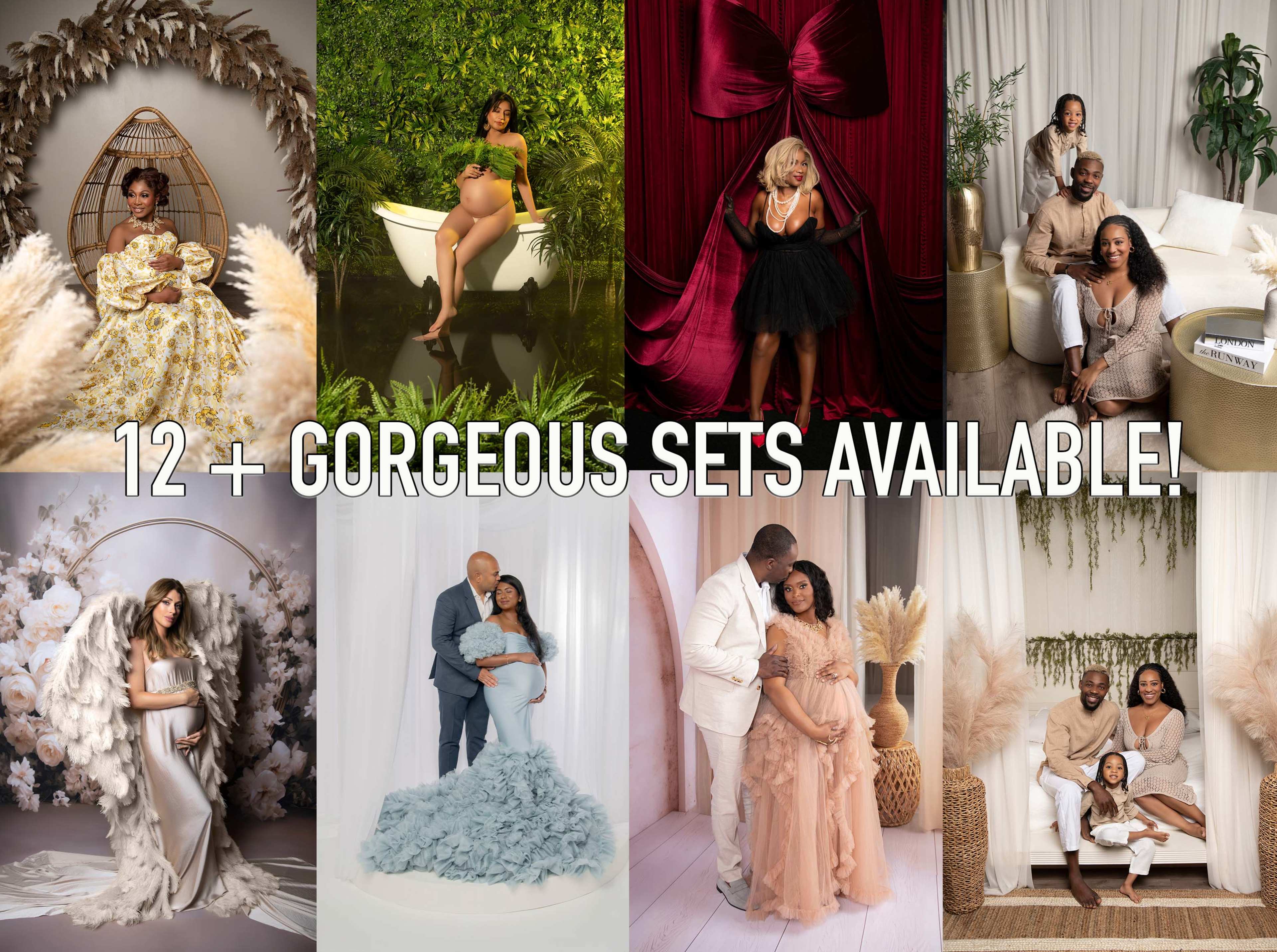 The image showcases a collage of diverse and elegantly styled photo sets featuring individuals and families posing in various artistic backdrops and outfits.