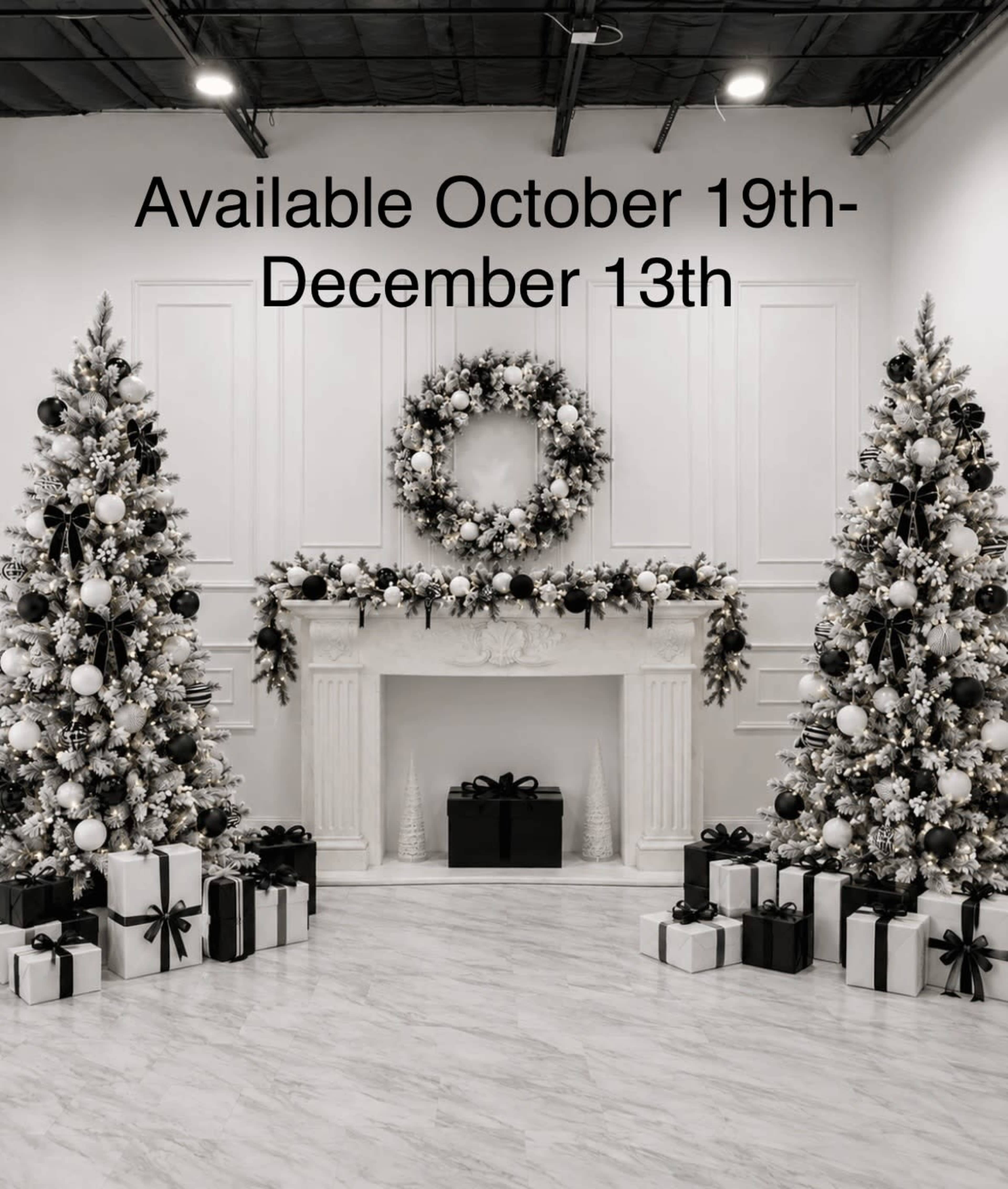 The image features two decorated Christmas trees flanking a fireplace adorned with garlands and a wreath, surrounded by wrapped presents.