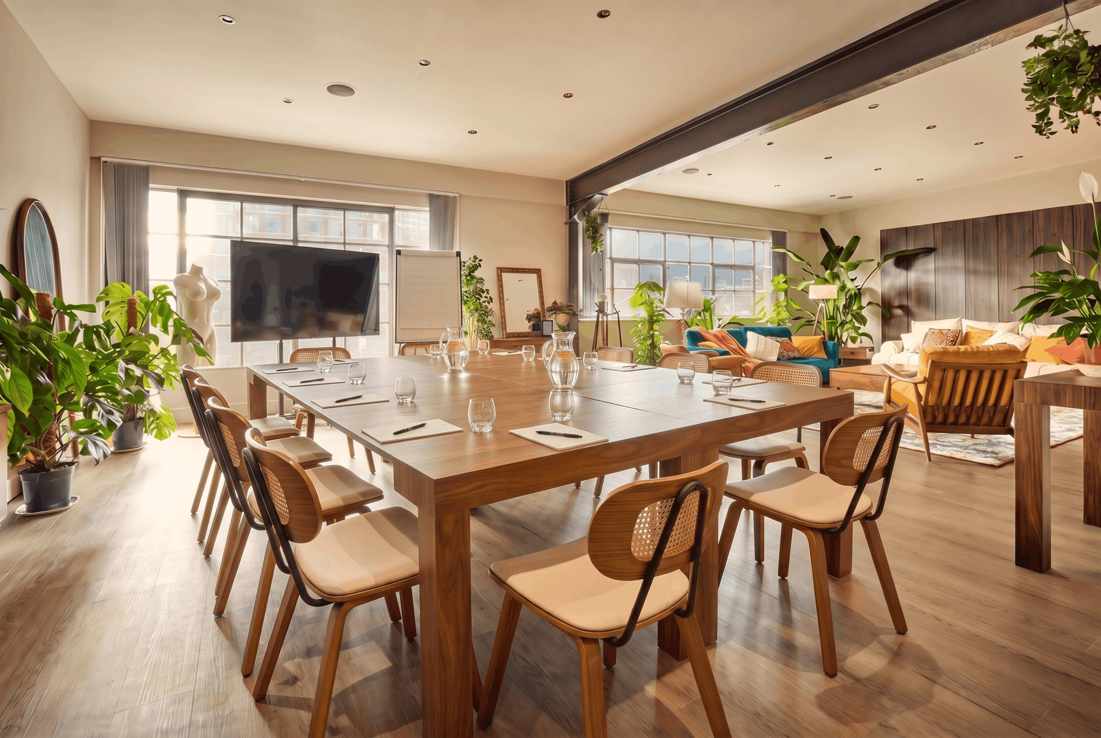 A modern conference room features a large wooden table surrounded by chairs, with greenery and natural light streaming through large windows.
