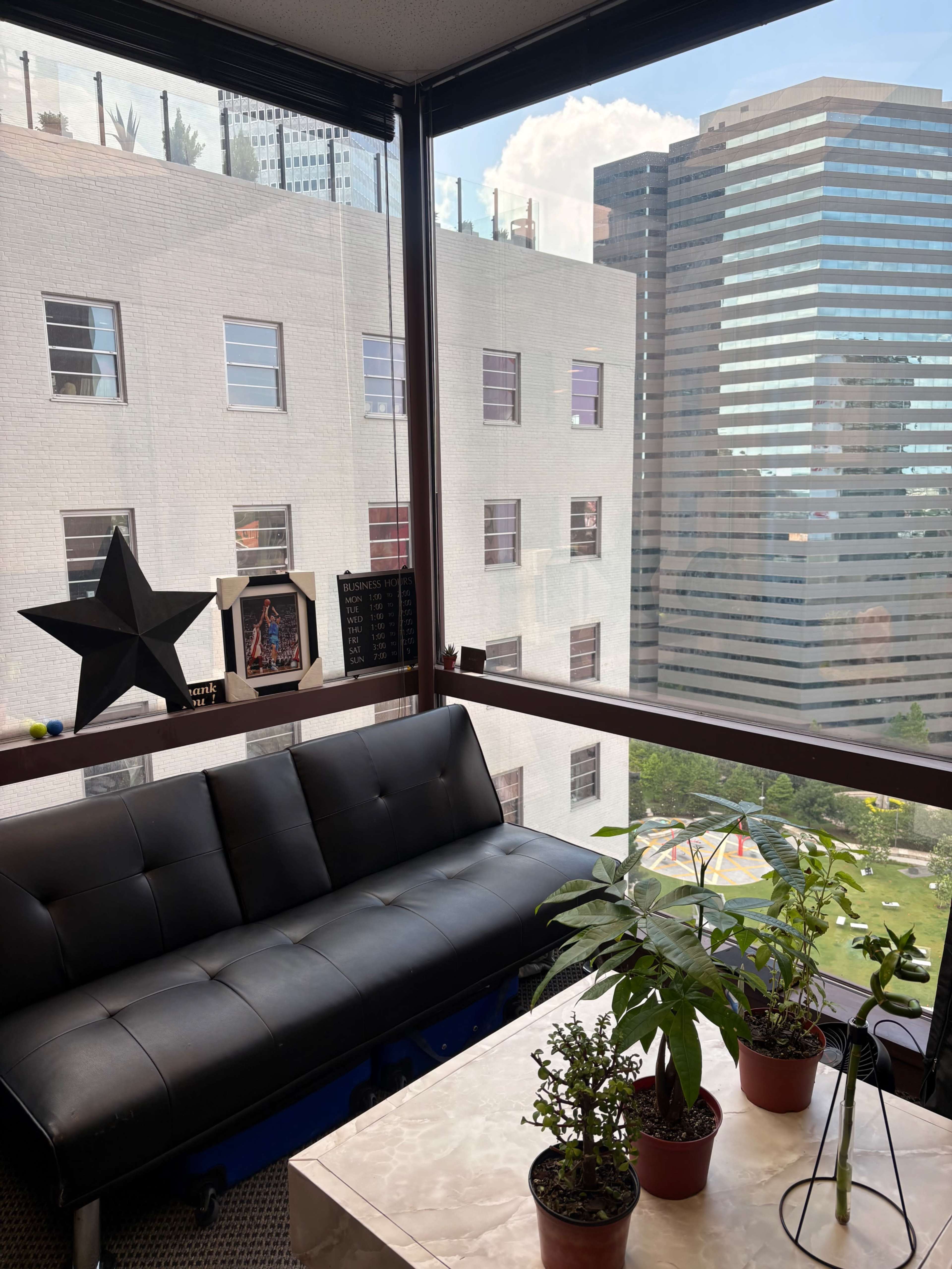 A black couch and a small coffee table with potted plants are situated in a sunlit room, providing a view of nearby buildings through large windows.