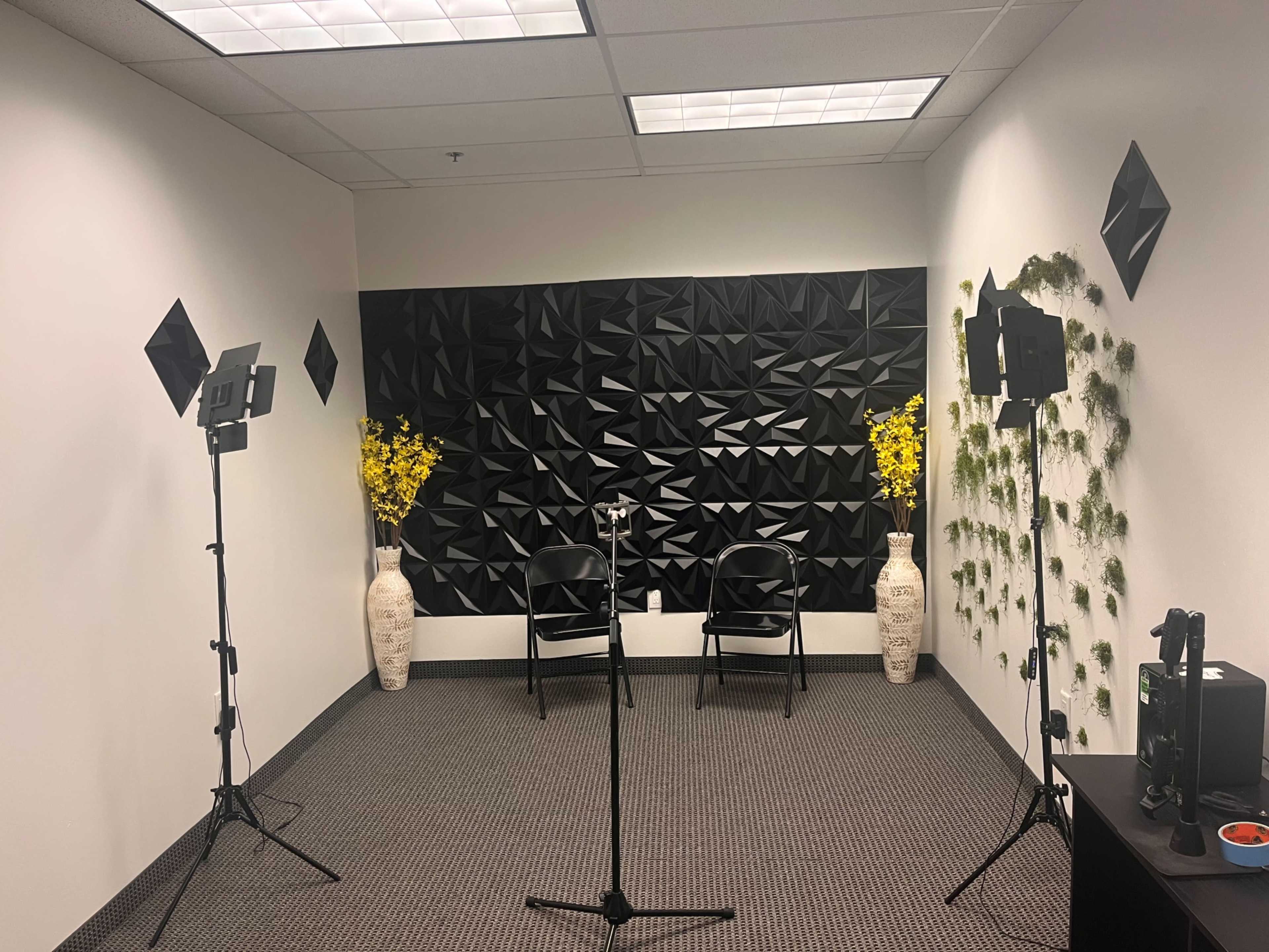 The image shows a recording studio setup with two black chairs facing a textured black wall, flanked by two light stands and decorative yellow flowers in vases.