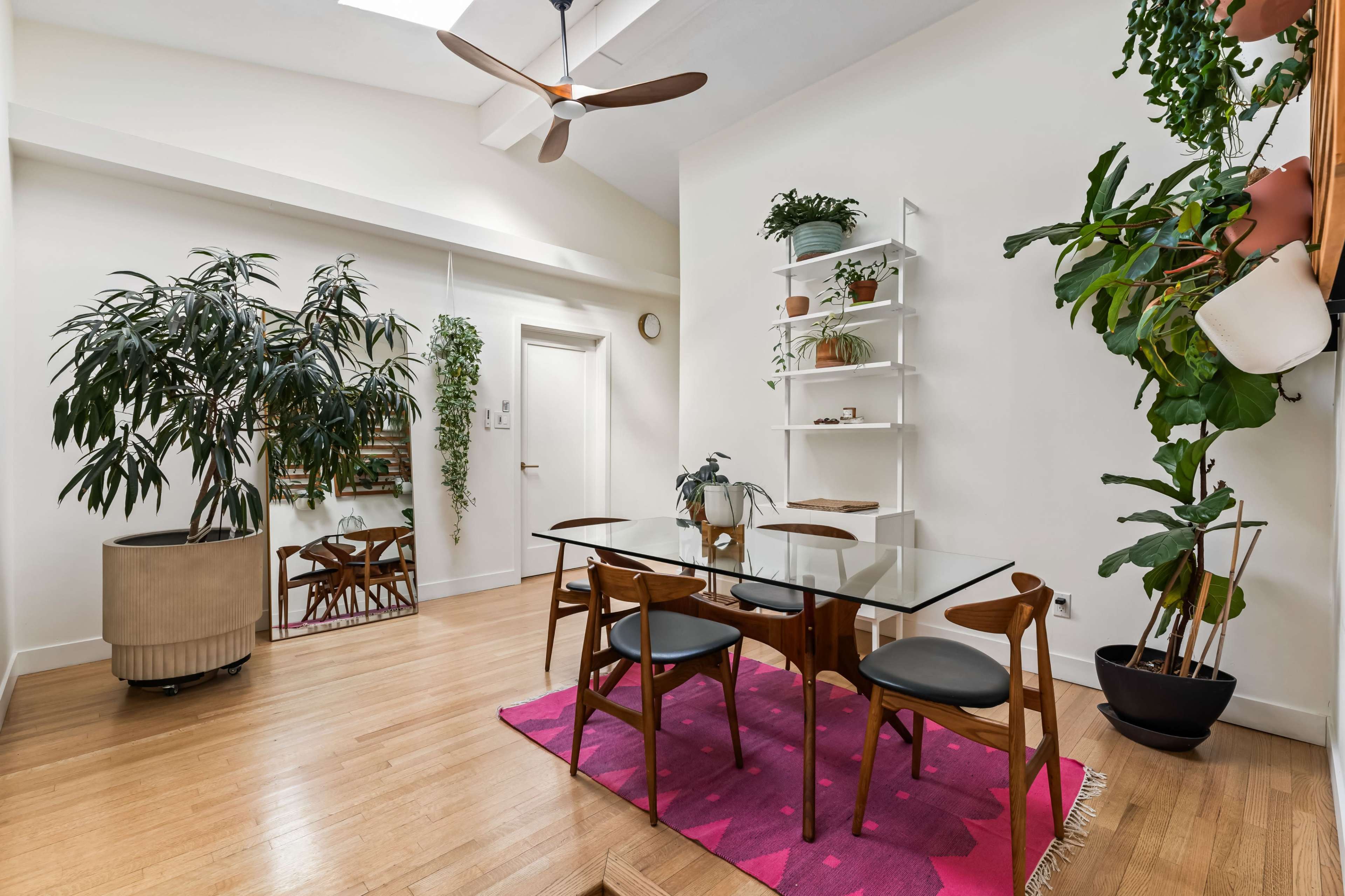 A bright dining area features a glass table surrounded by wooden chairs, with large plants and shelves adorned with greenery against a white wall.