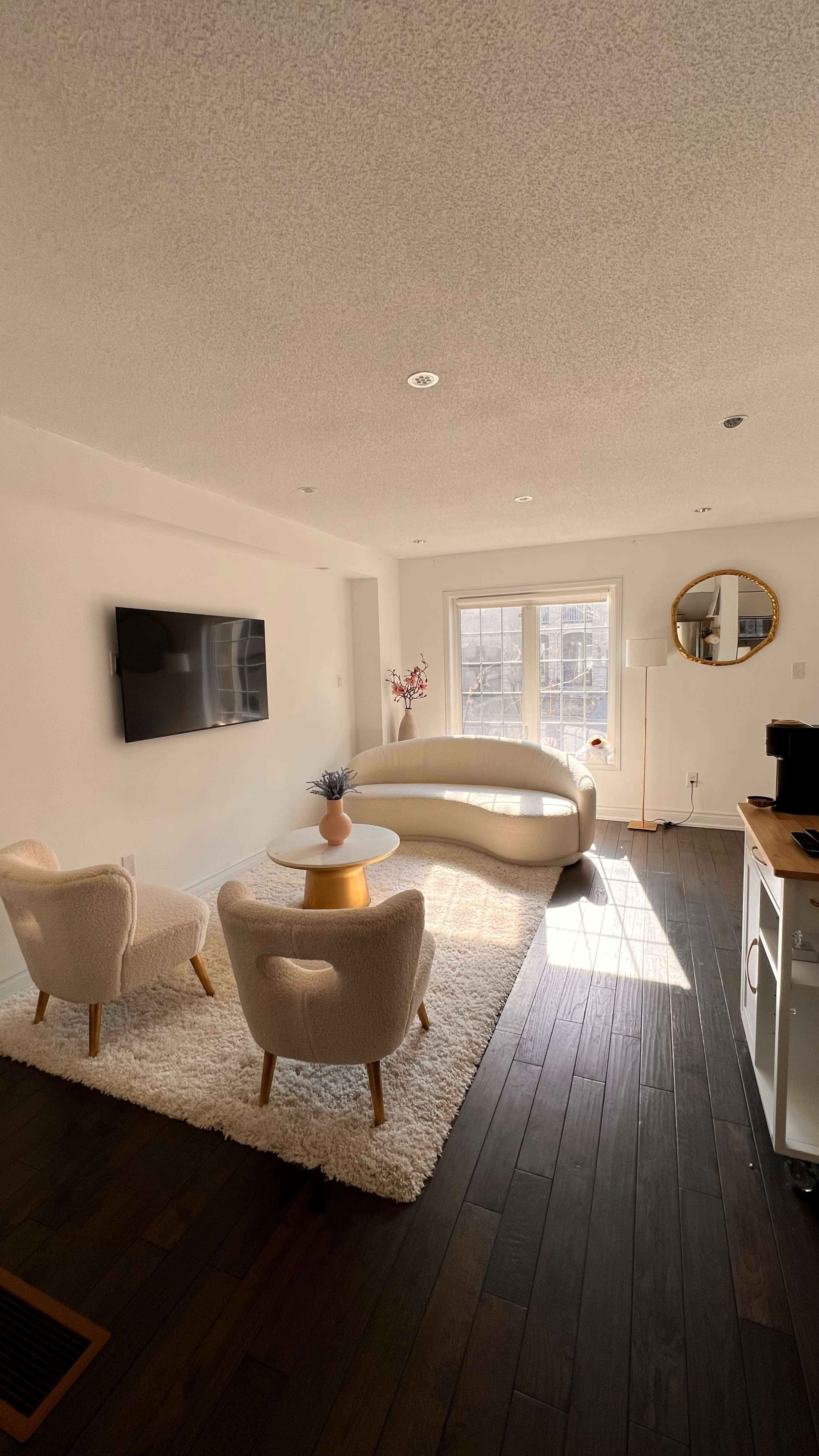 A modern living room furnished with a curved couch, two armchairs, a round coffee table, and a wall-mounted TV, all set on a light area rug over dark wooden flooring.