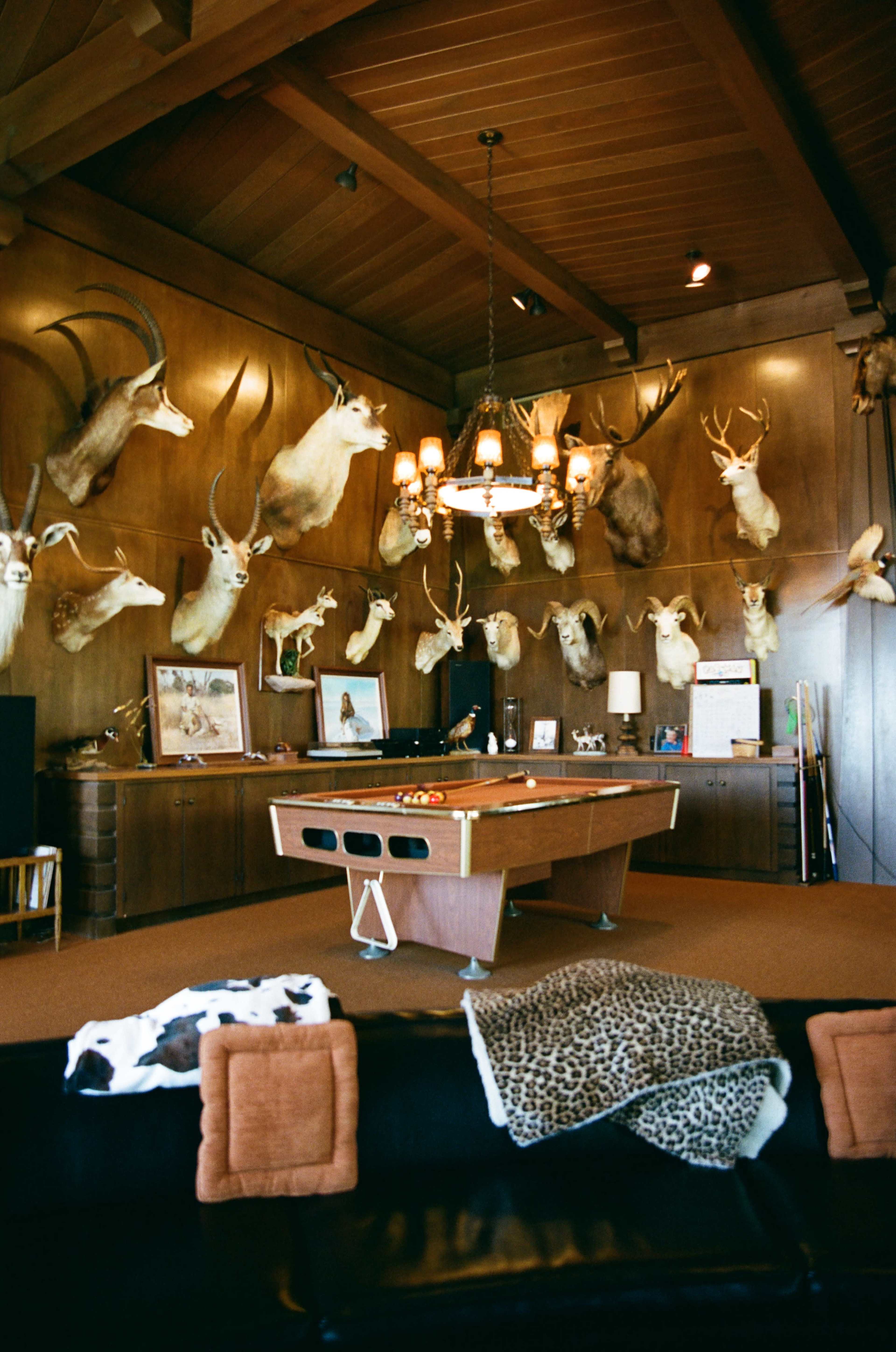 The room features wooden walls adorned with mounted animal heads, a billiards table in the center, and a dark sofa with decorative throws.