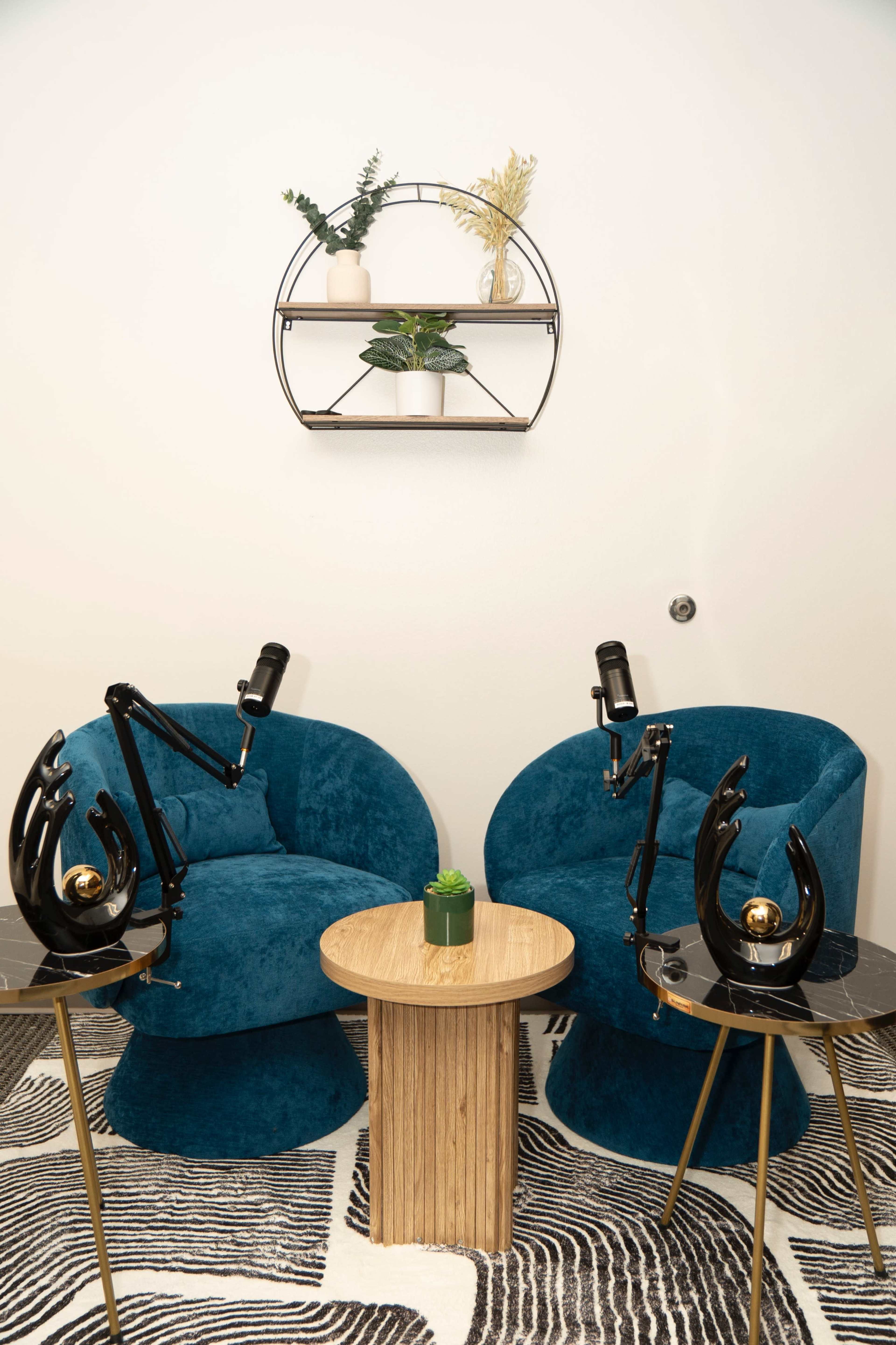 The image shows a cozy setup with two blue chairs, a circular wooden table, and two microphone stands, all arranged under a wall shelf with decorative plants.