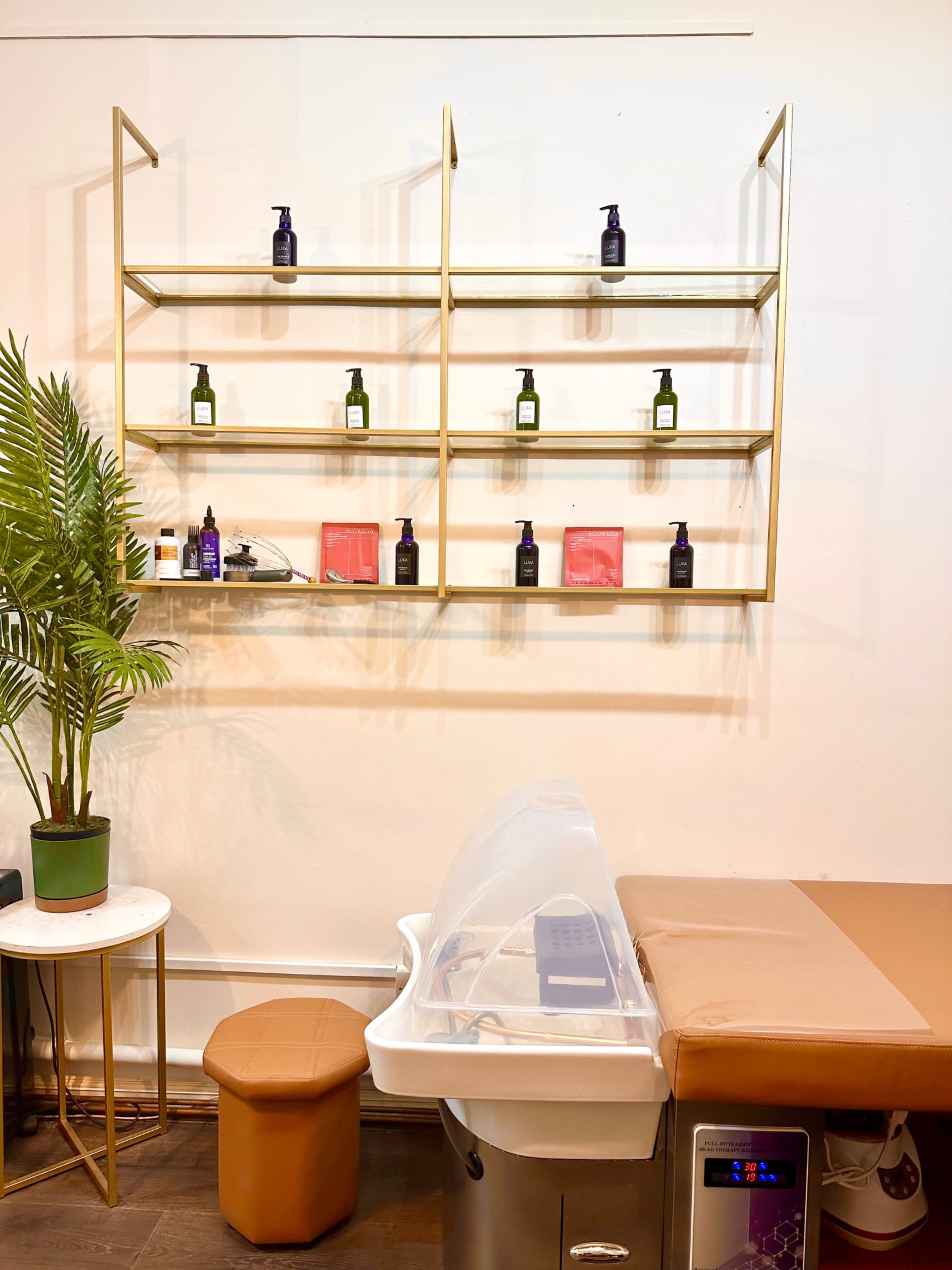The image shows a minimalist spa interior featuring a treatment table, a small round table with a plant, and gold shelves displaying various skincare products.