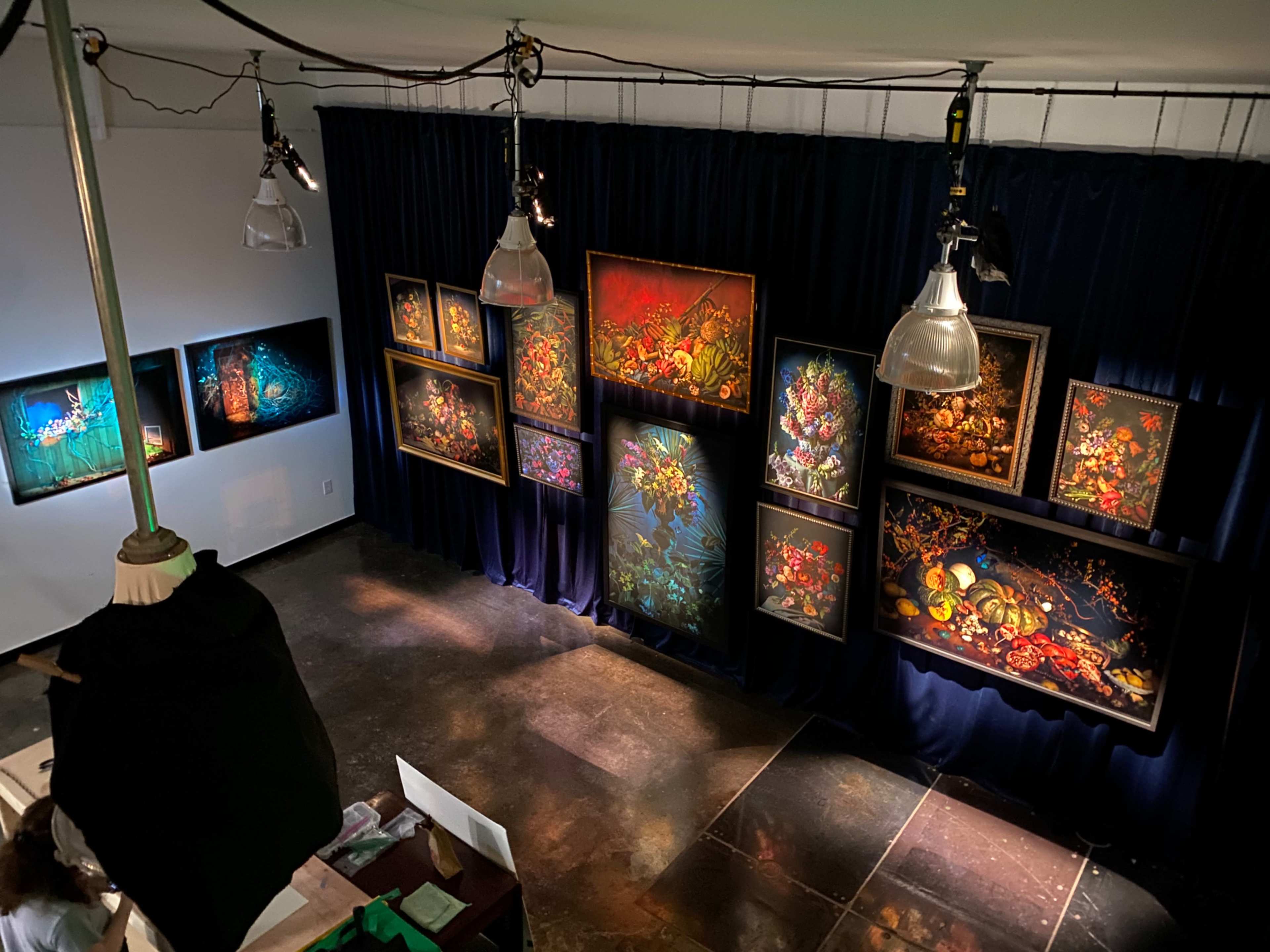 The image shows an art gallery with multiple framed paintings hanging on a dark curtain backdrop, illuminated by pendant lights.
