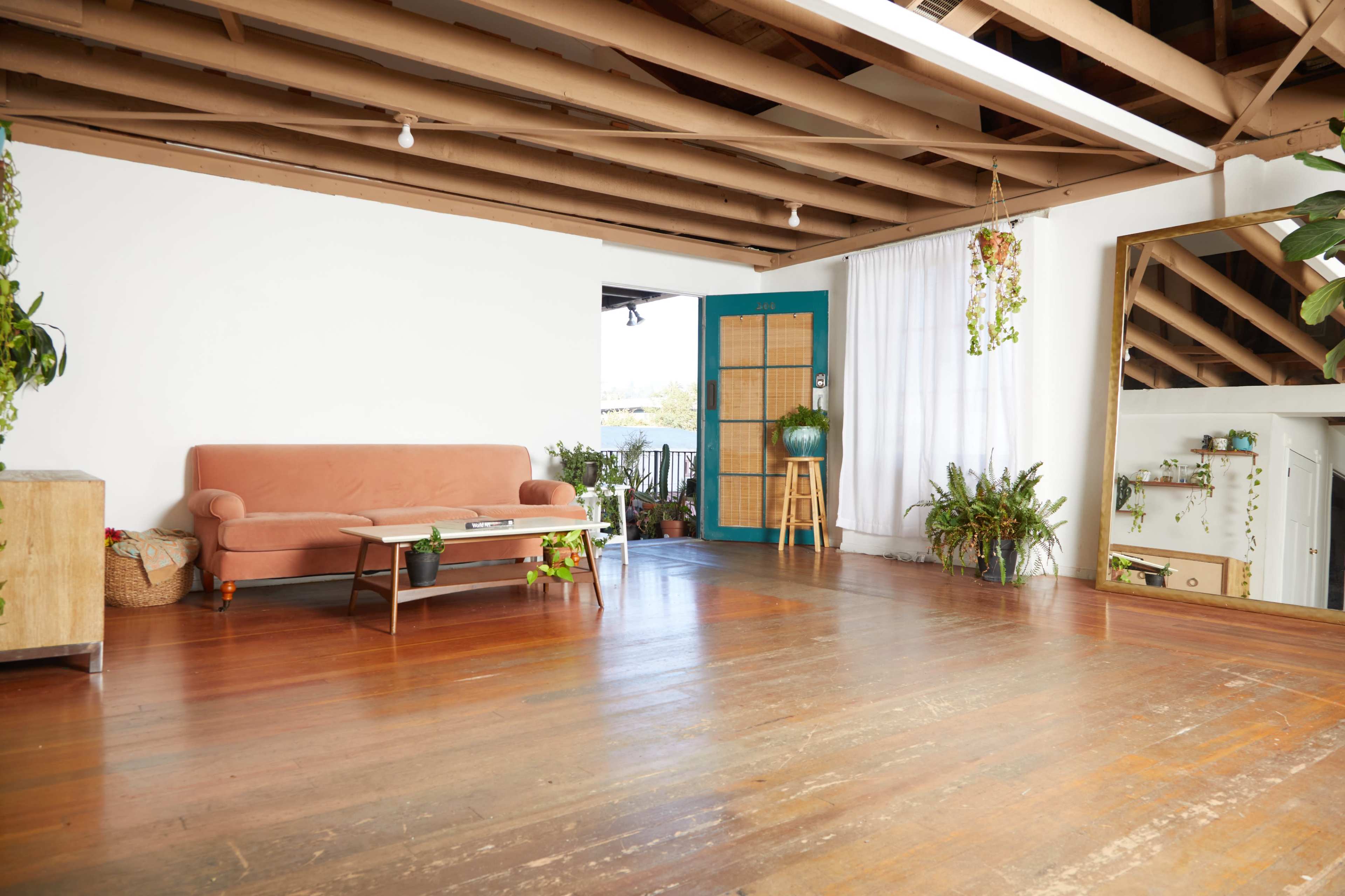 The image depicts a spacious, well-lit room featuring a pink sofa, a wooden coffee table, and a mirror, with various plants placed around the space.