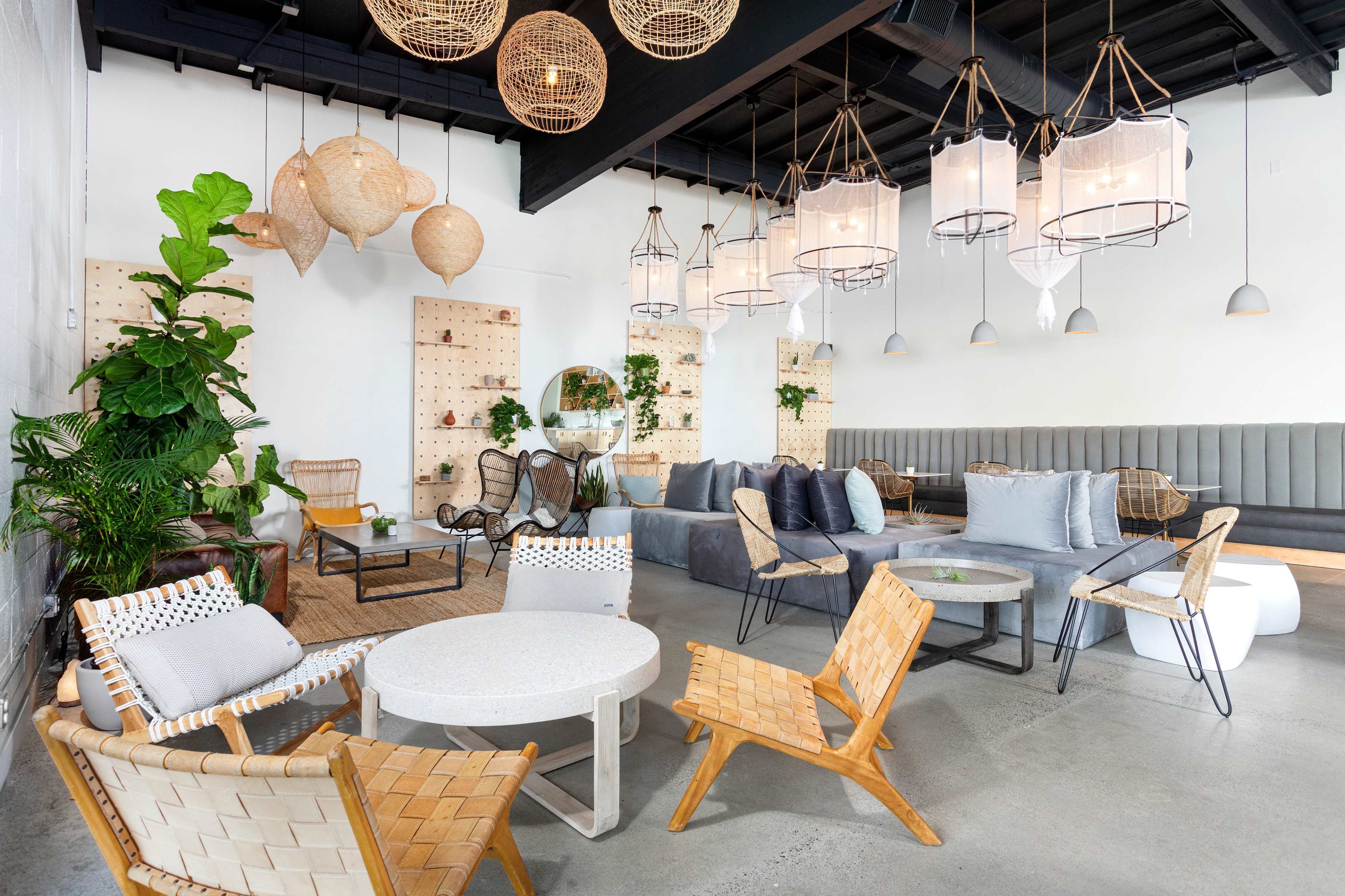 A contemporary lounge area features a mix of woven light fixtures, comfortable seating, and decorative plants against a minimalist backdrop.