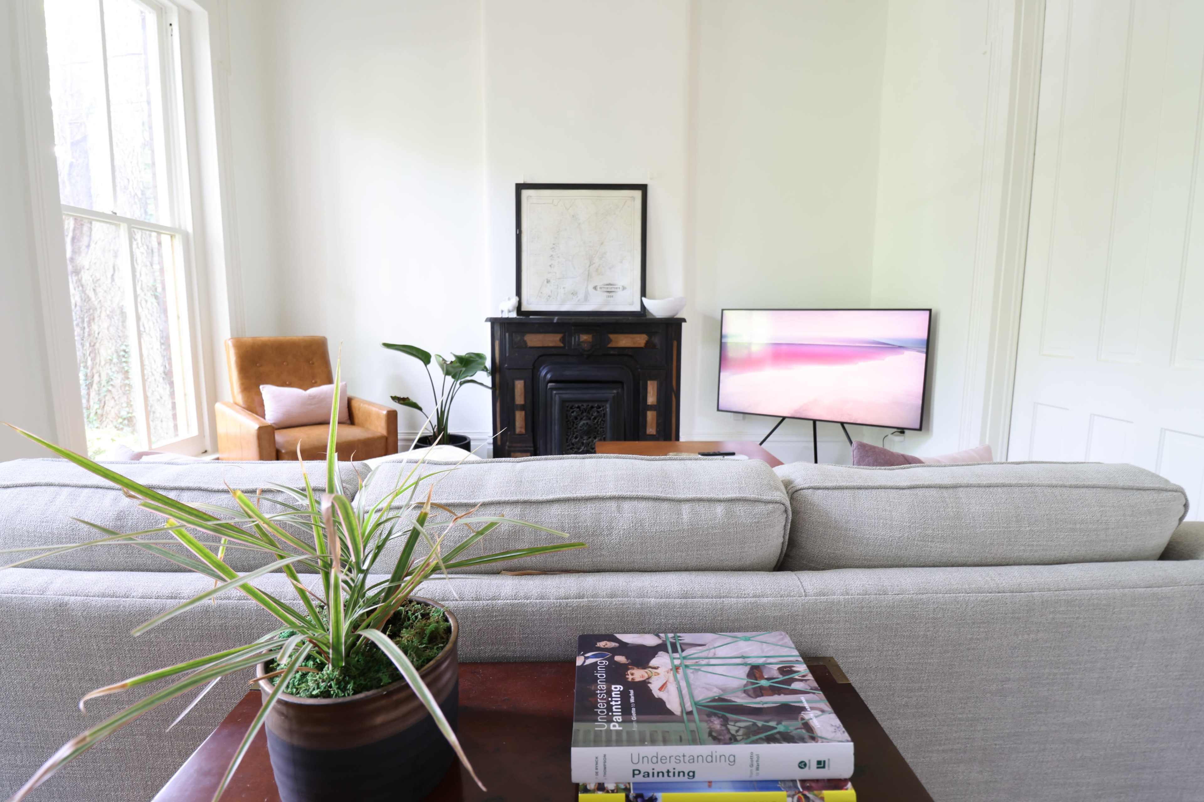 A light-filled living room features a gray sofa, a decorative plant, a wooden coffee table with books, and a television across from an armchair and fireplace.