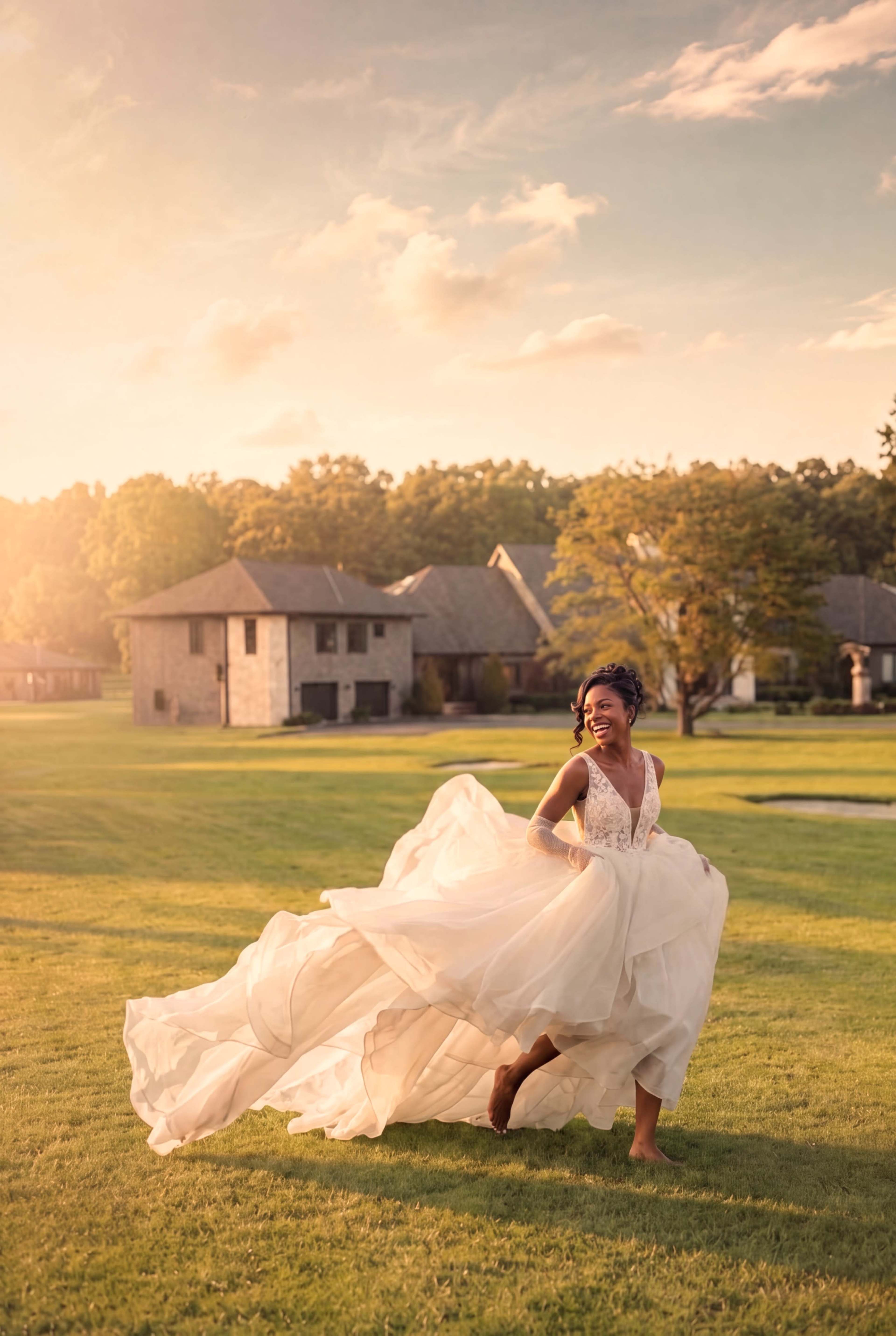A bride runs joyfully across a grassy field, wearing a flowing white gown, with houses and trees in the background.
