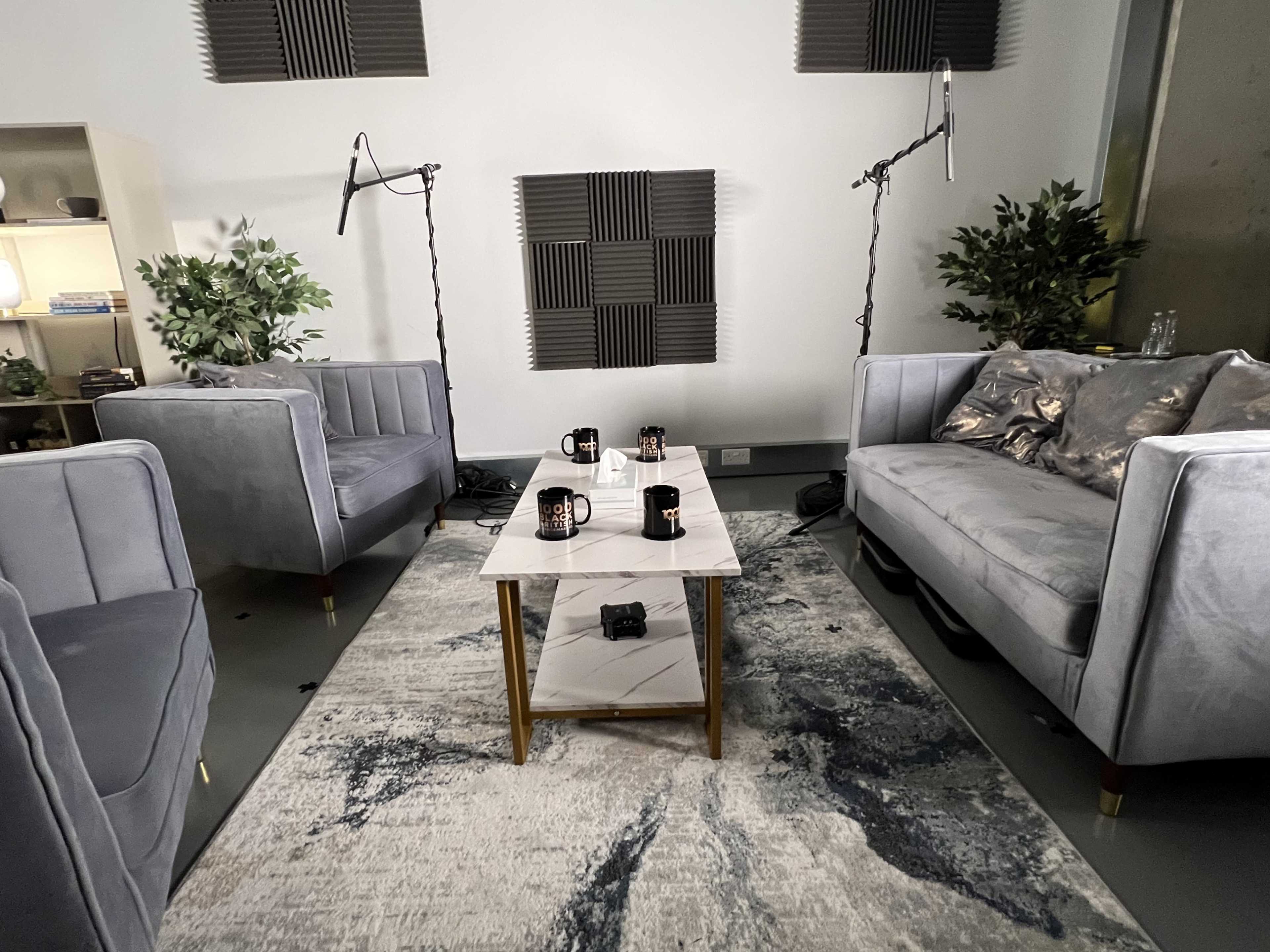 A minimalist seating area with two gray sofas, a marble coffee table, and several mugs arranged on the table, set against a backdrop of soundproofing panels and potted plants.