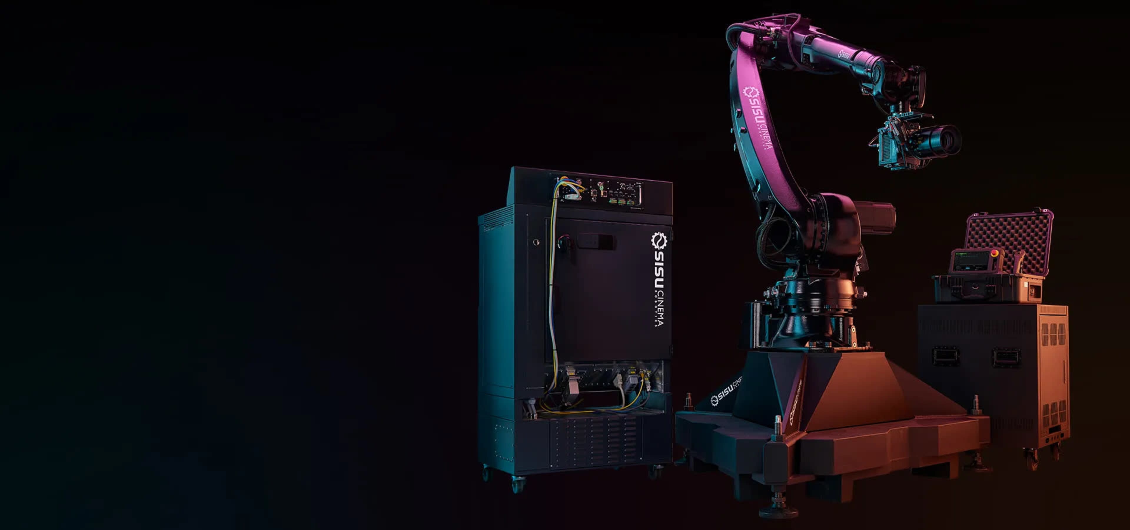A robotic arm is positioned next to a control unit, both set against a dark background with colorful lighting.