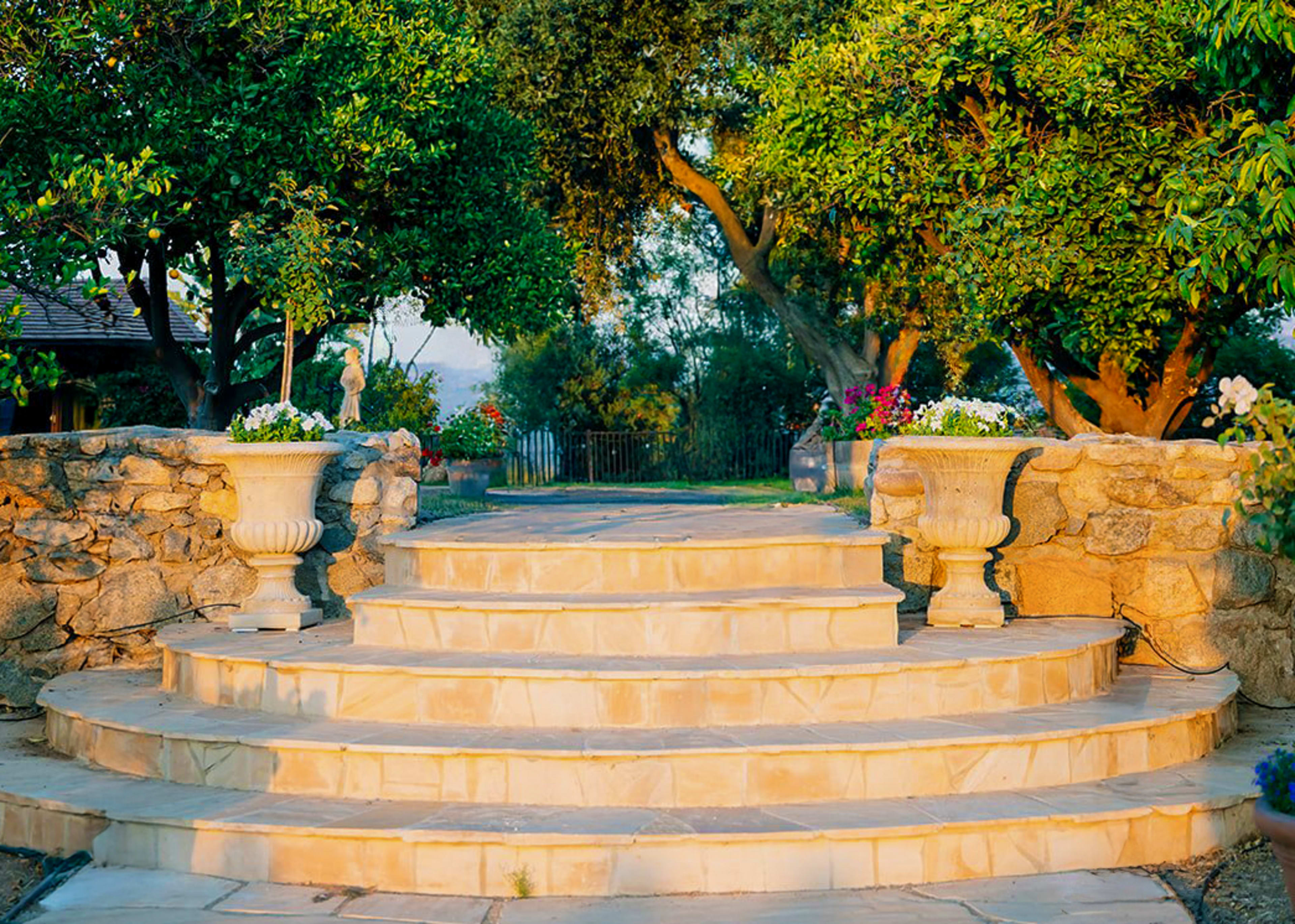 The image shows a stone staircase leading up to a landscaped area with trees and flower planters on either side.