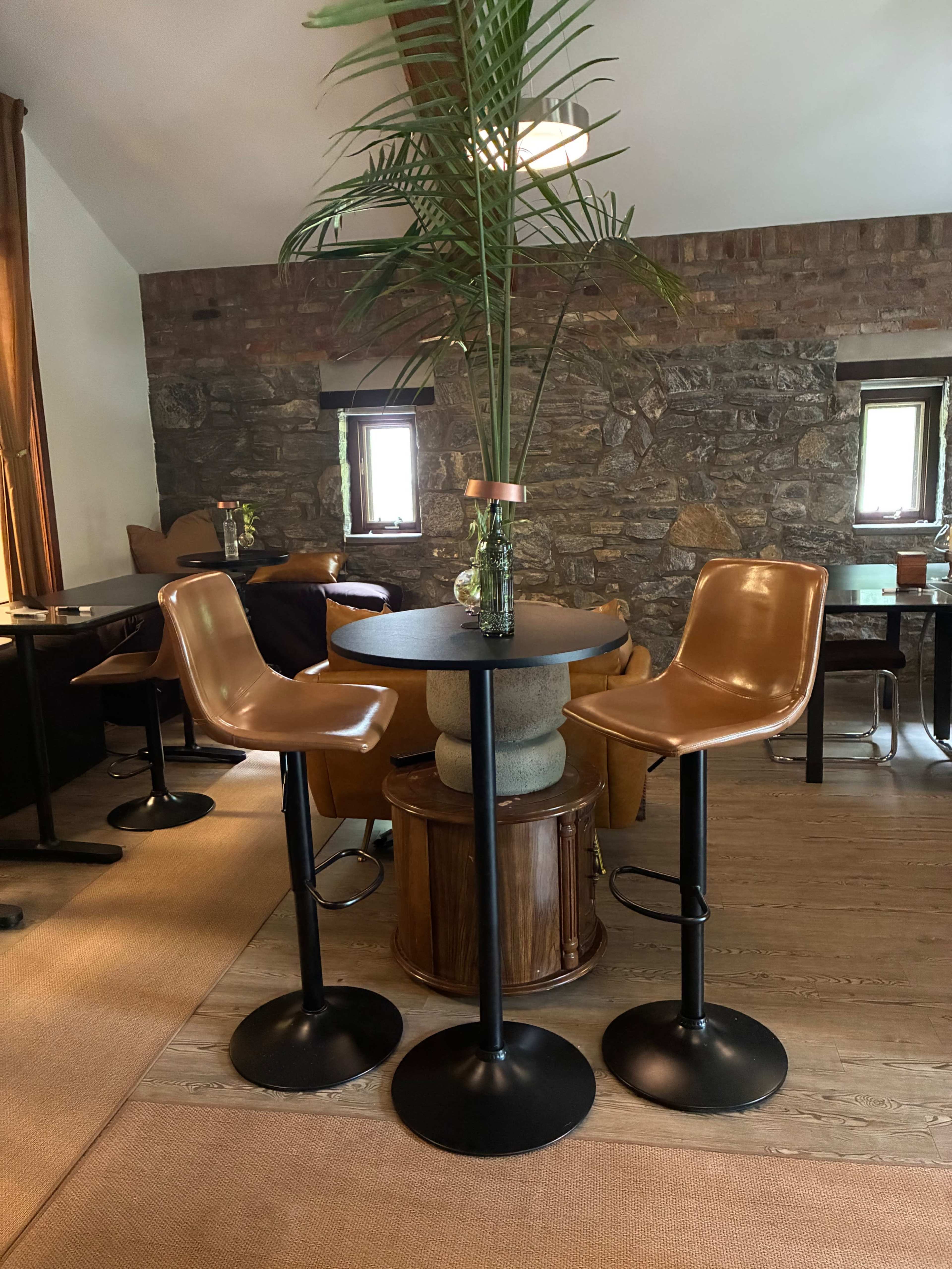 The scene features two brown bar stools at a round black table, surrounded by a stone wall and a decorative plant in a vase.