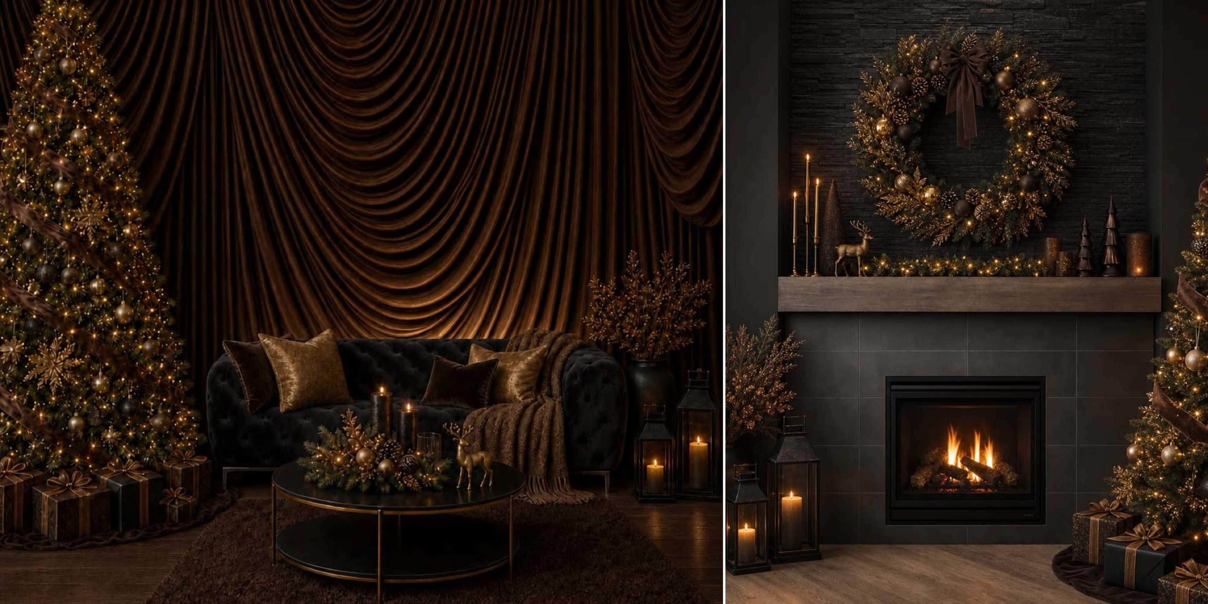 The image features a cozy holiday scene with a decorated Christmas tree on the left side and a fireplace adorned with a wreath and candles on the right, all set against a dark backdrop.