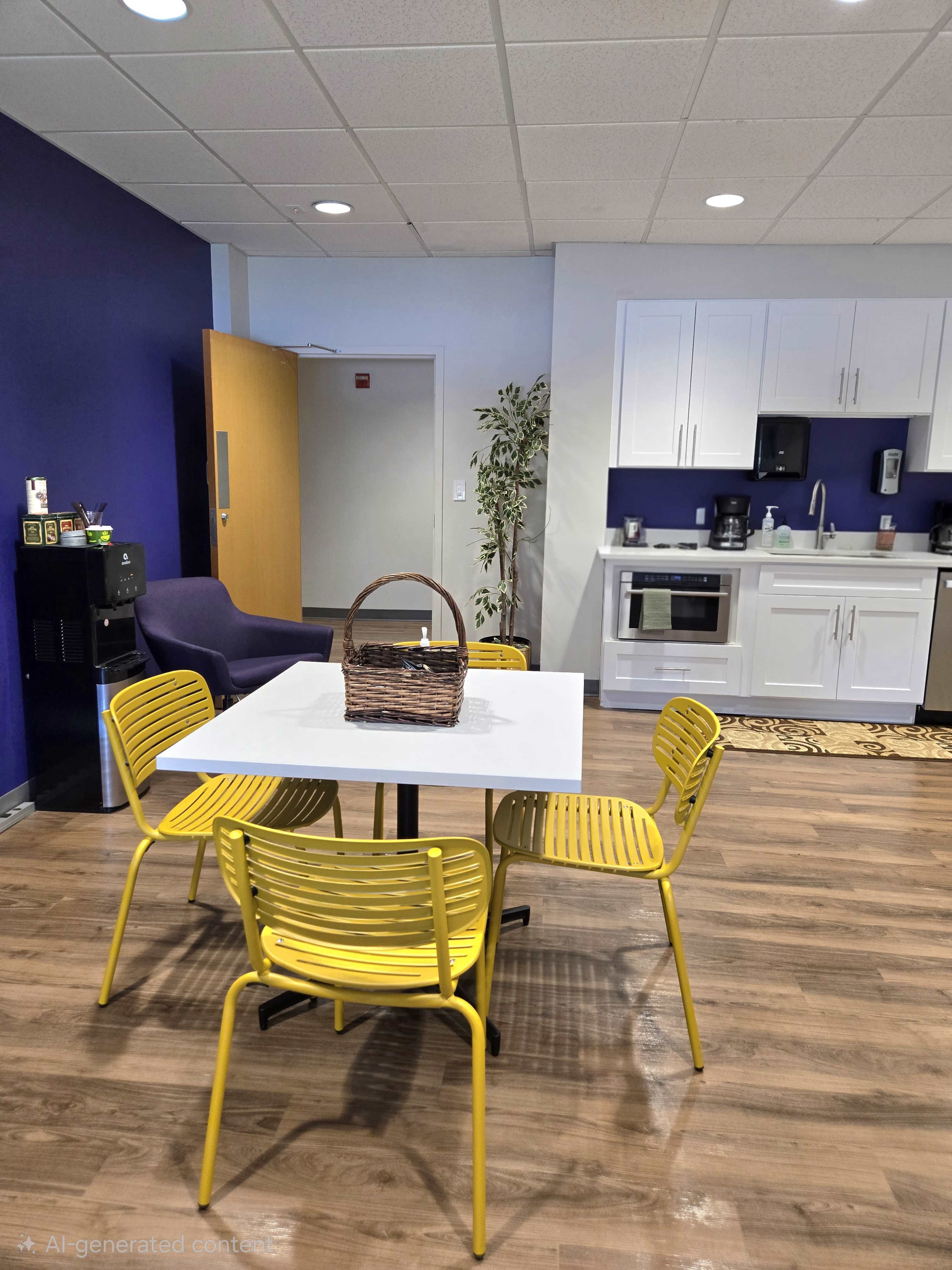 A small kitchenette area features a table with four yellow chairs, a basket on the table, and a kitchen counter with appliances and cabinets.