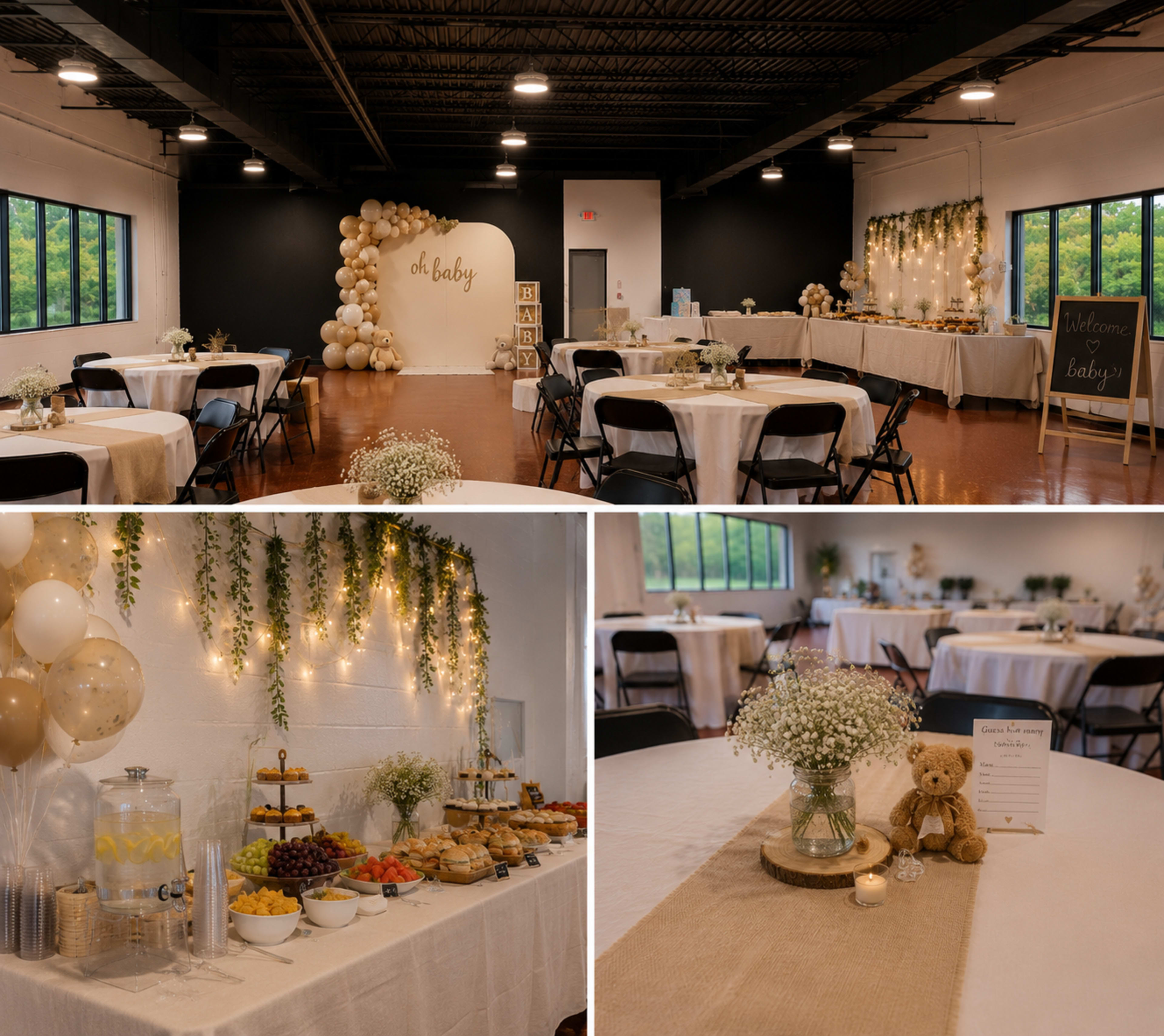 The image shows a decorated event space for a baby shower, featuring tables with white tablecloths, a dessert buffet with fruits and snacks, decorative balloons, and a "Welcome baby" sign.