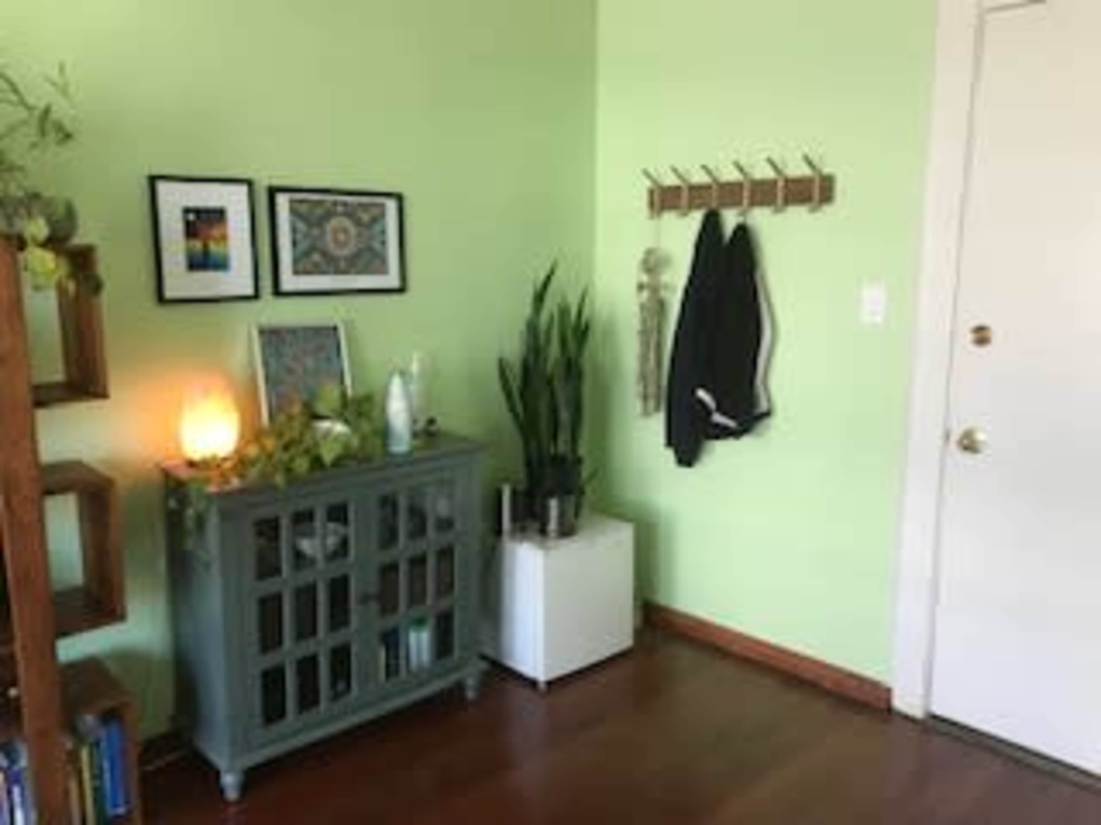 The image shows a well-lit entryway featuring a green wall, a small console table with decorative items, and a coat rack with two hanging garments next to a door.