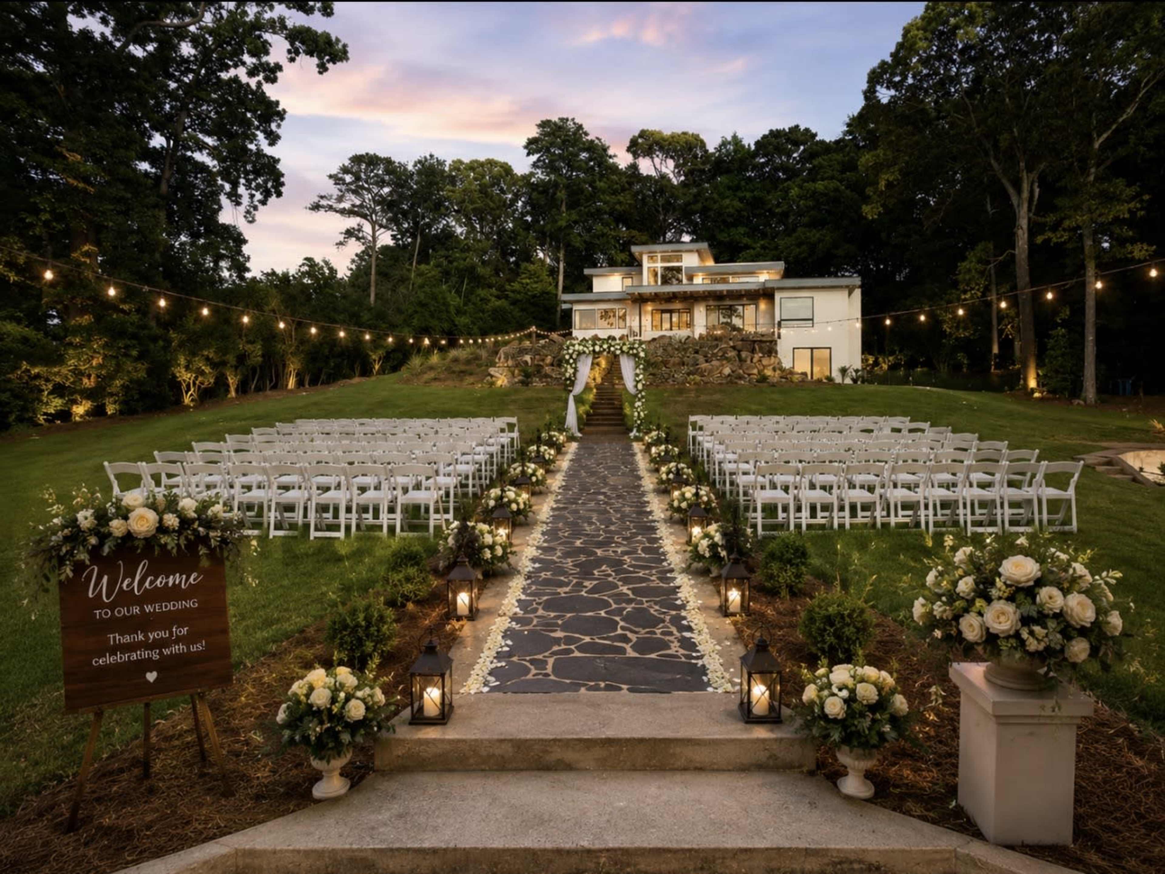 A decorated outdoor wedding venue features a stone pathway lined with floral arrangements and lanterns, leading to a house in the background.
