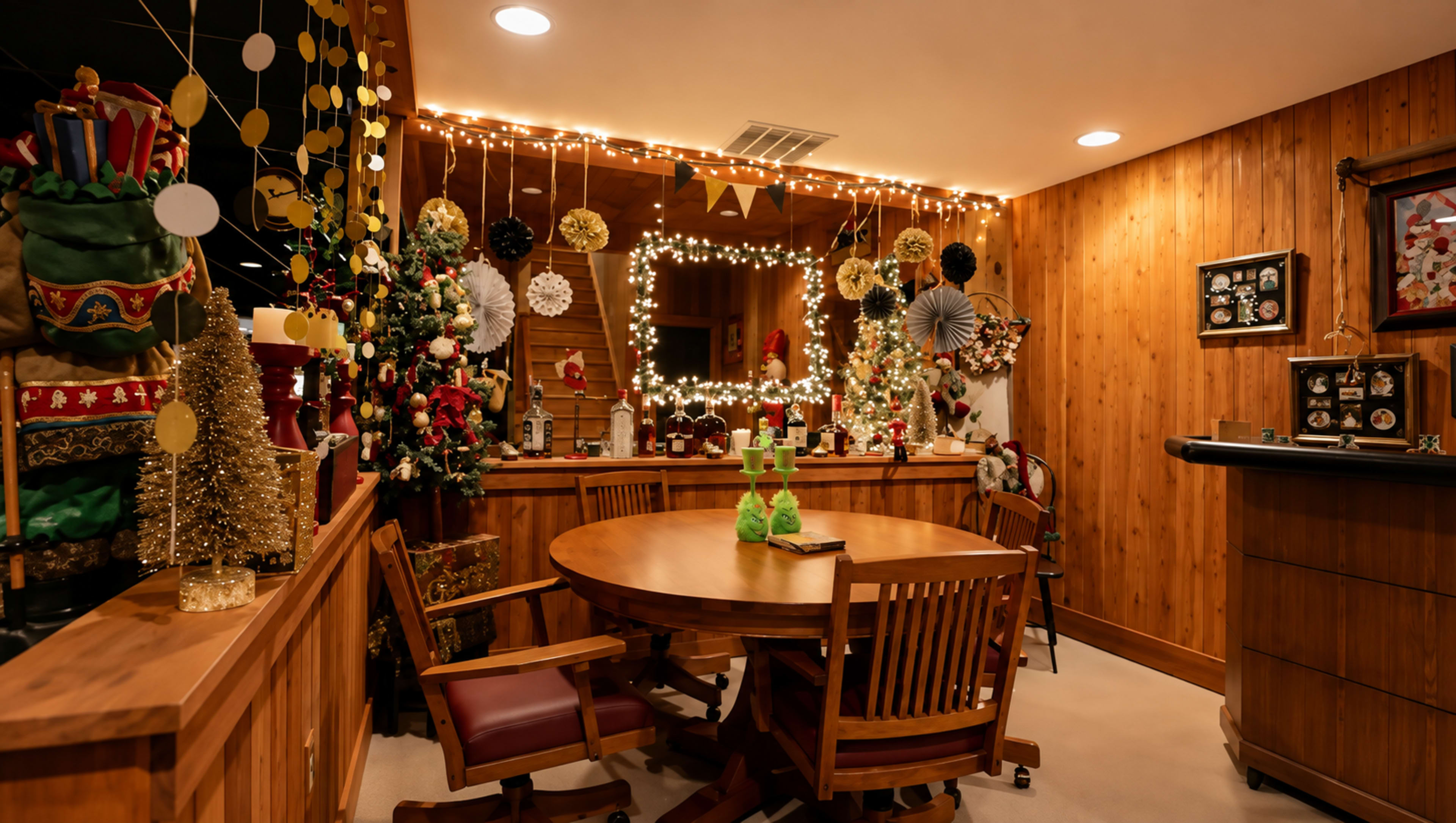 The image shows a warmly decorated dining area featuring a wooden table surrounded by chairs, adorned with Christmas decorations and lights.