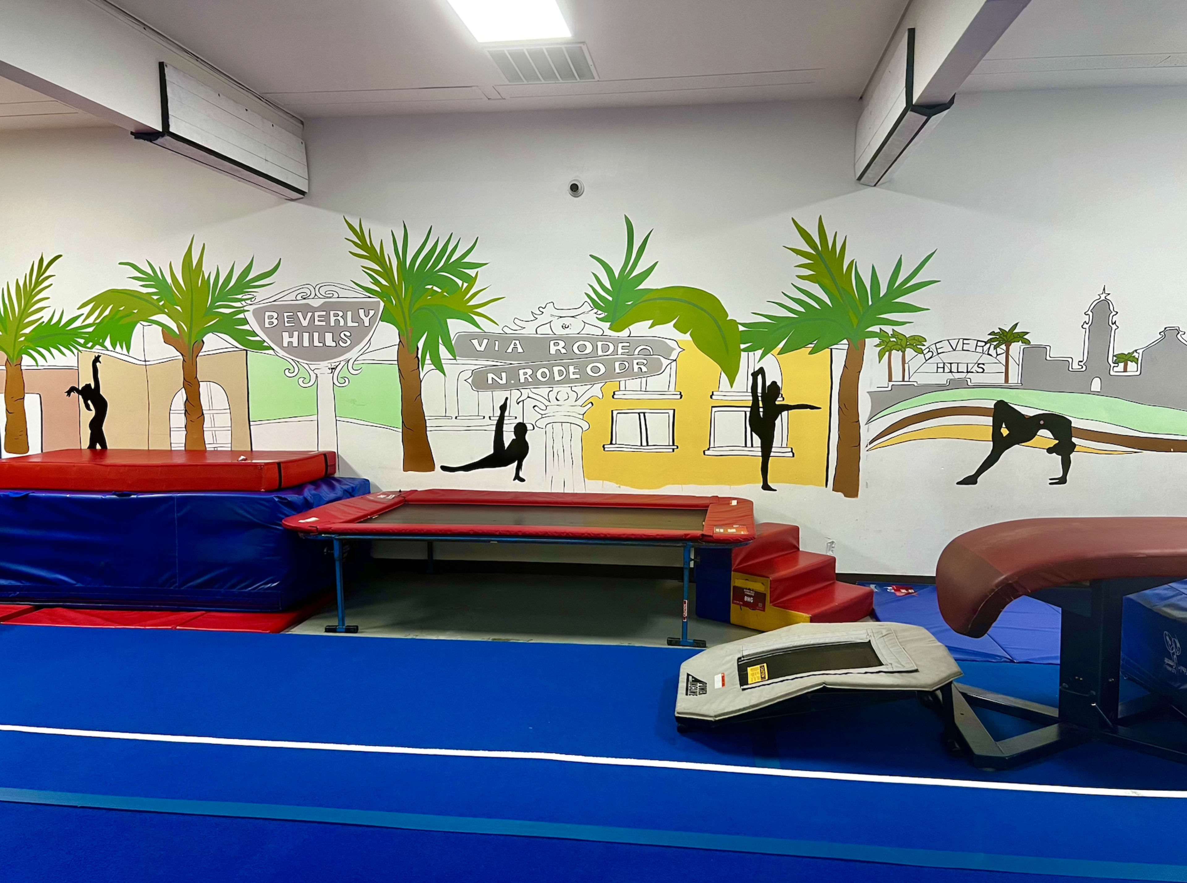 The image shows a gymnastics training facility featuring vibrant wall murals and various gymnastics equipment, including a trampoline and a balance beam.