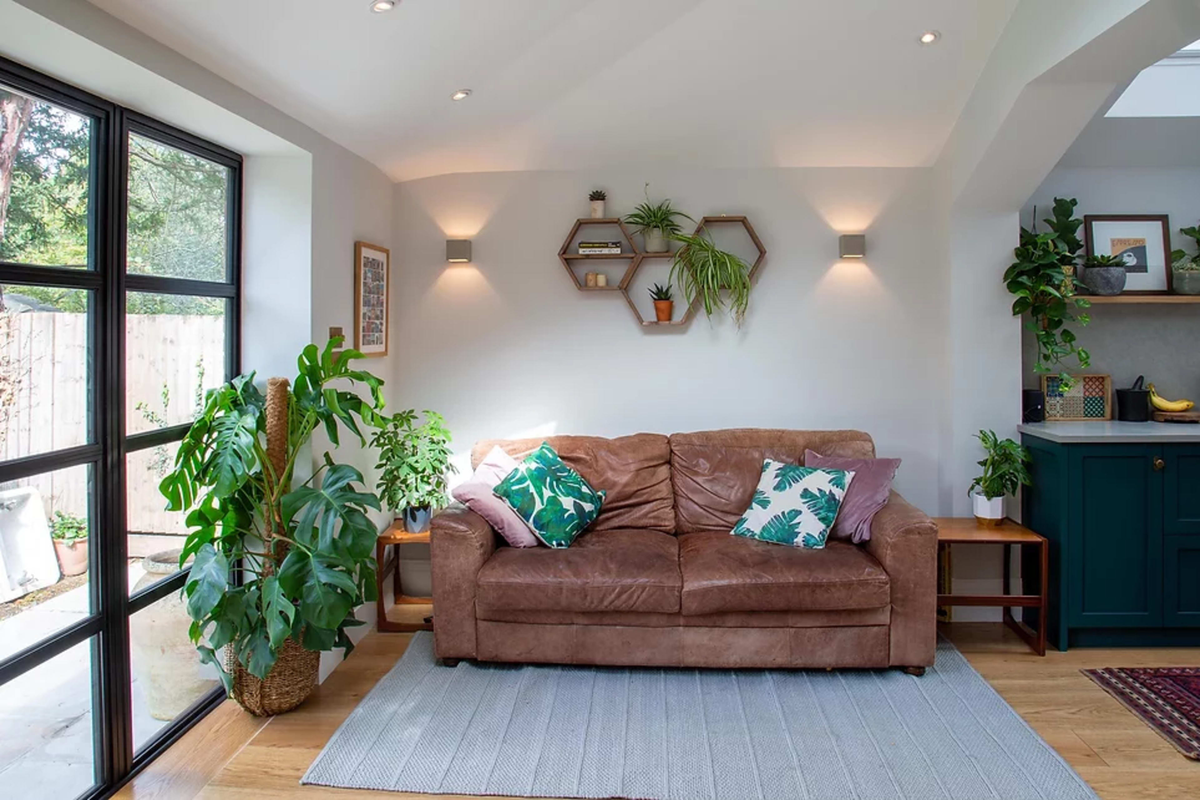 A living room with a brown leather sofa, decorative cushions, a plant beside it, hexagonal shelves on the wall, and a kitchenette in the background.