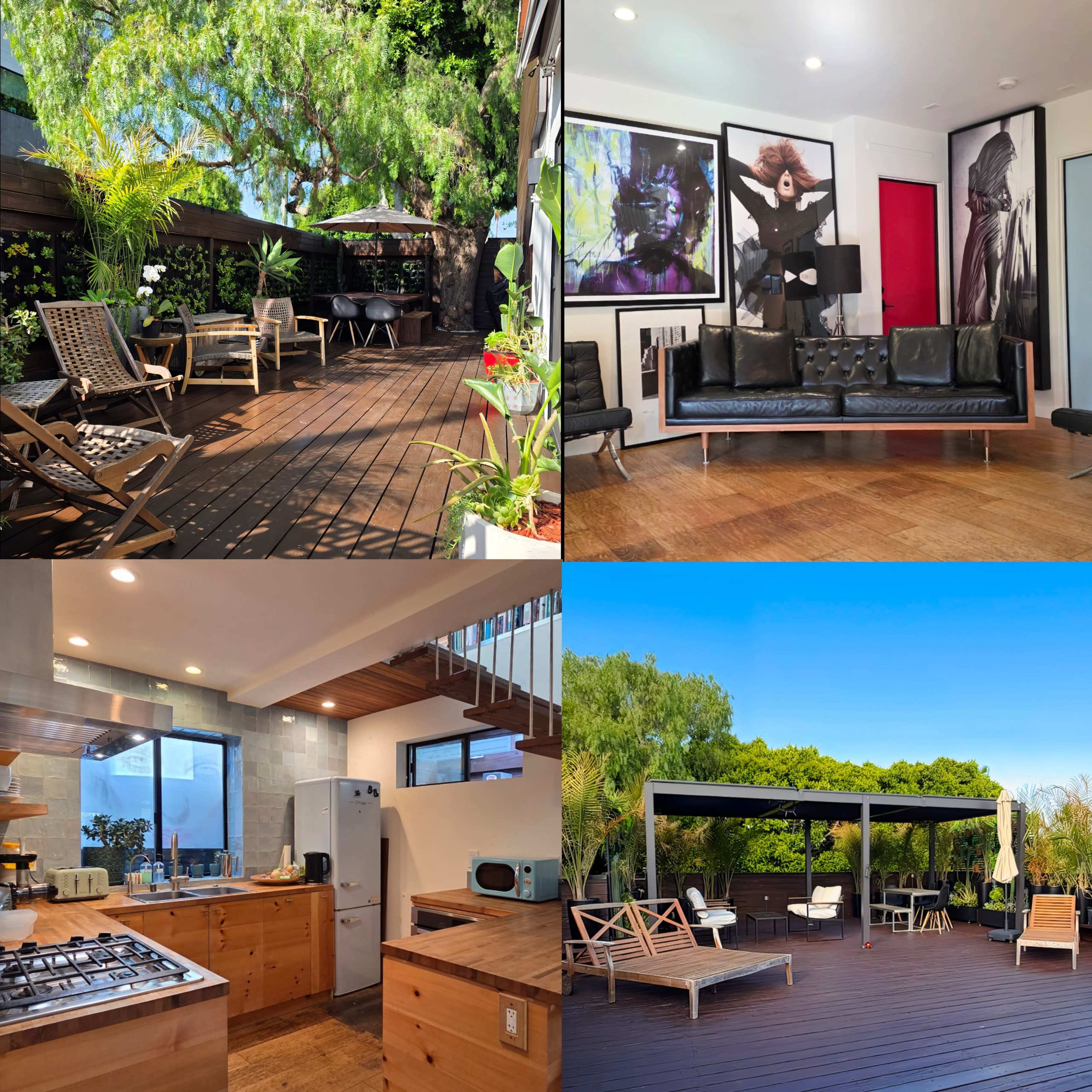 The image features a collage of contemporary interior and exterior spaces, including a stylish living room, a modern kitchen, and a spacious outdoor deck with lounge furniture.