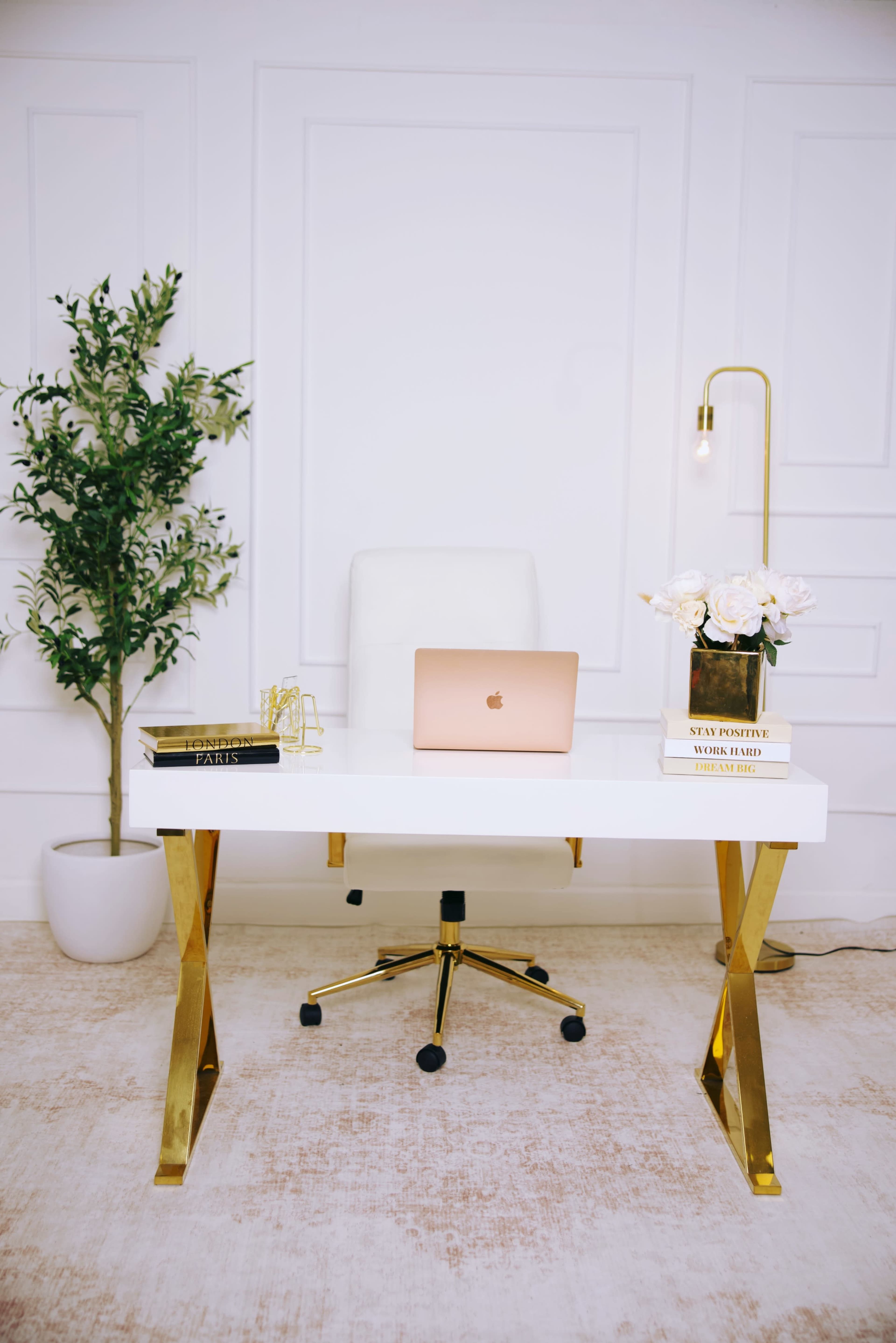 A modern workspace features a white desk with a rose gold laptop, a chair, potted plants, and decorative books.