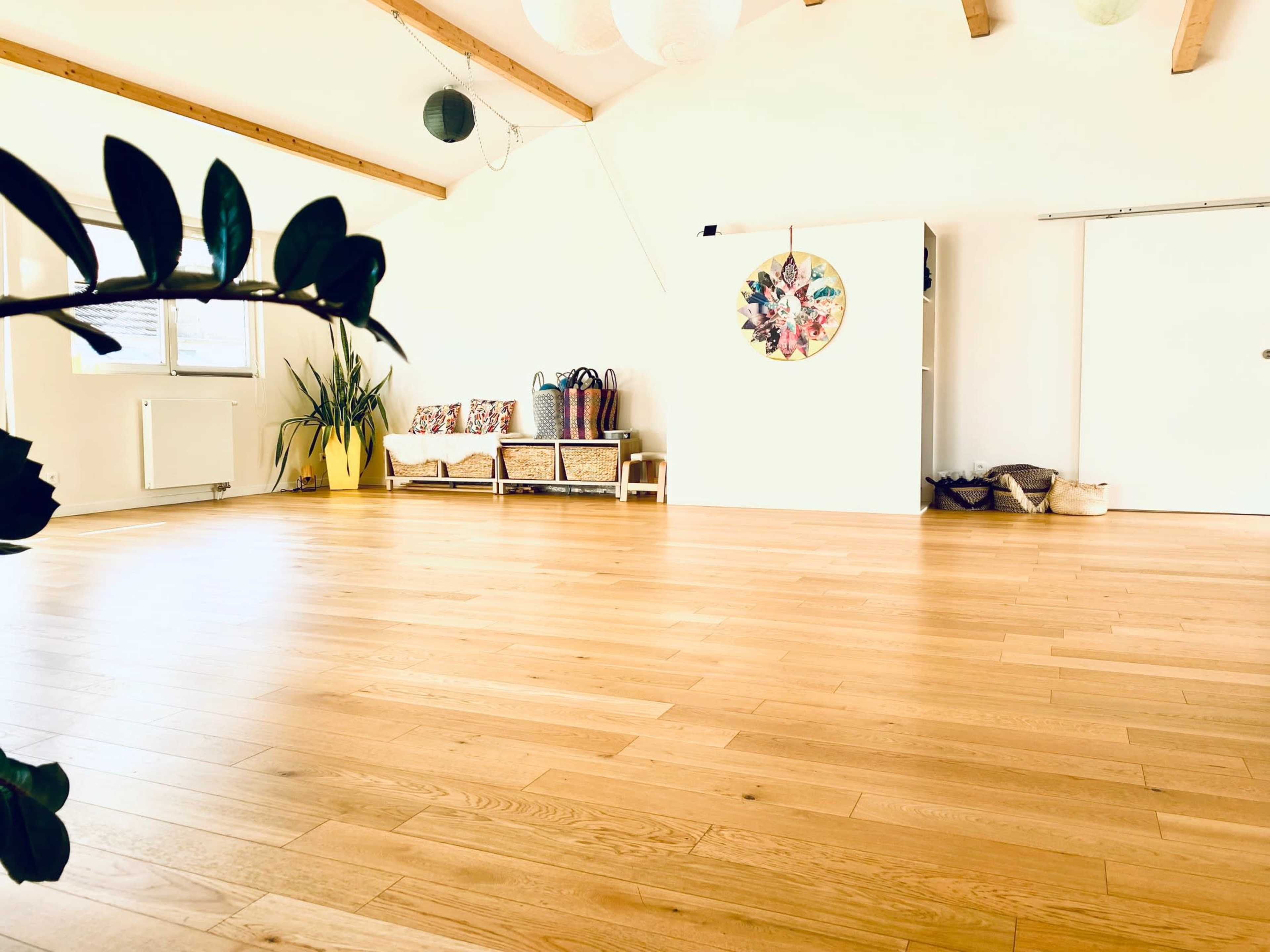 The image shows a spacious, well-lit room with wooden flooring, featuring a seating area, a decorative wall piece, and a few plants.