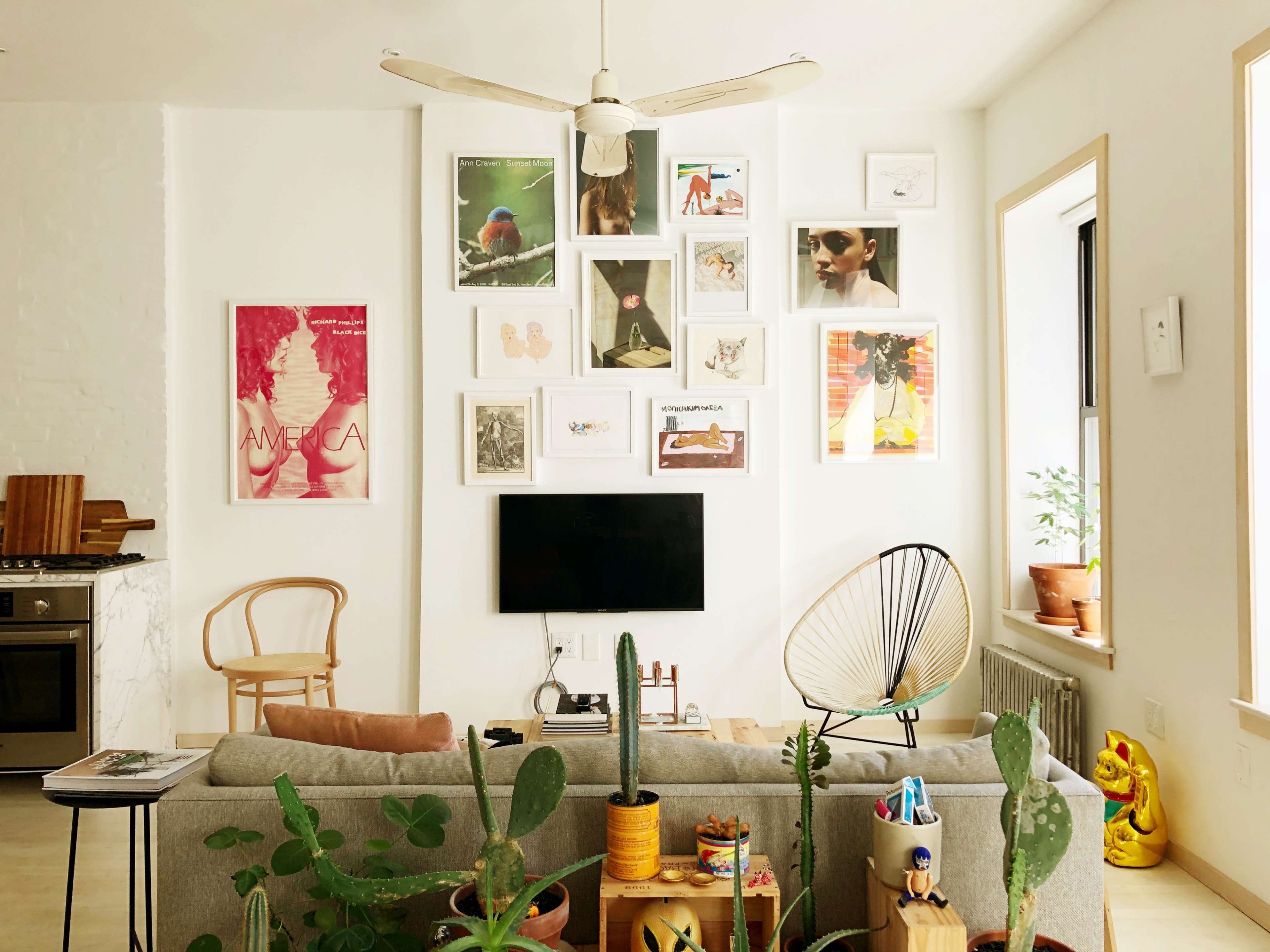The image shows a cozy living room with a gray sofa, a wall adorned with various framed artworks, a television mounted on the wall, and several plants scattered throughout the space.