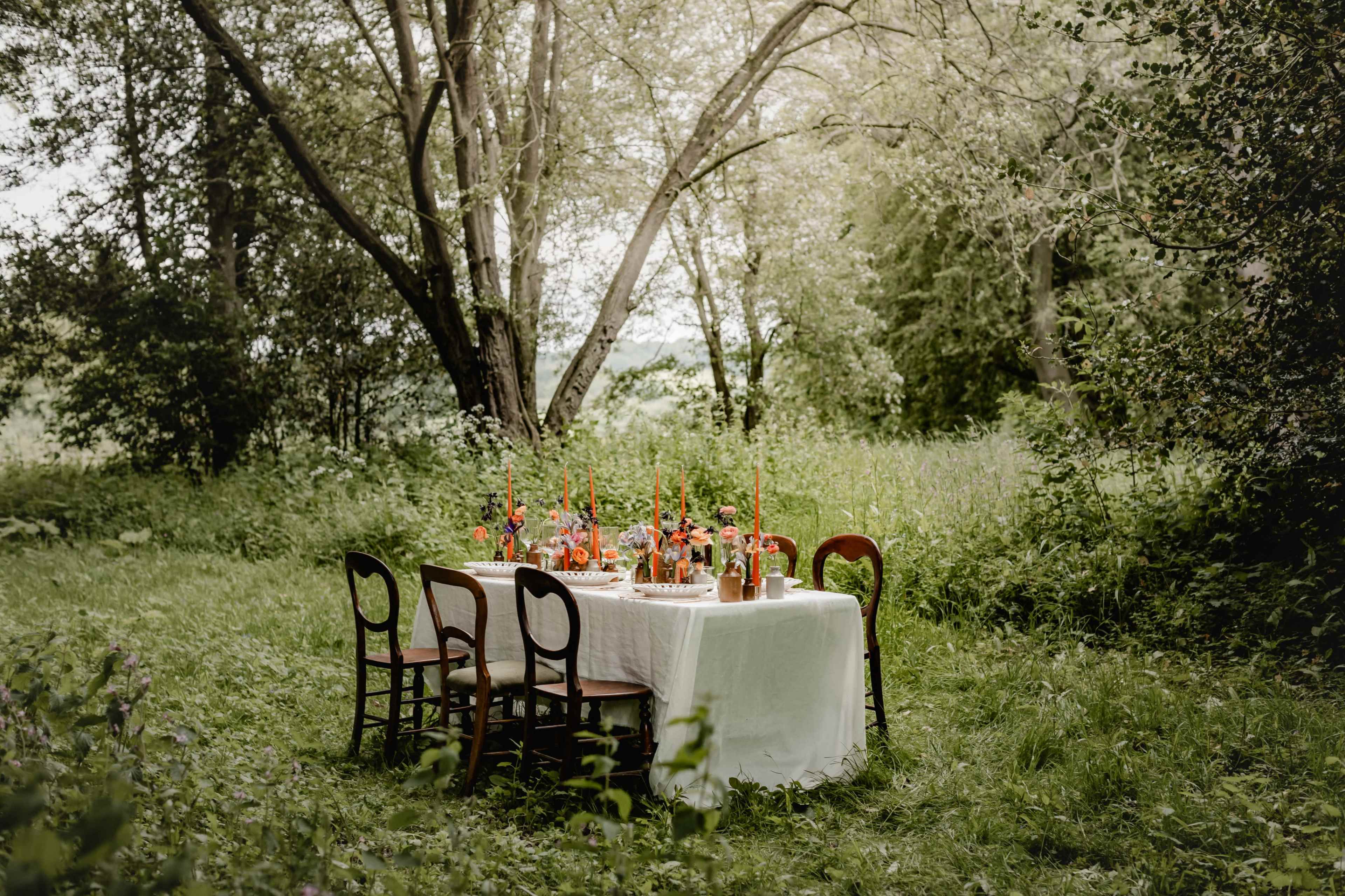 A table is set with colorful decorations and food in a clearing surrounded by trees and tall grass.