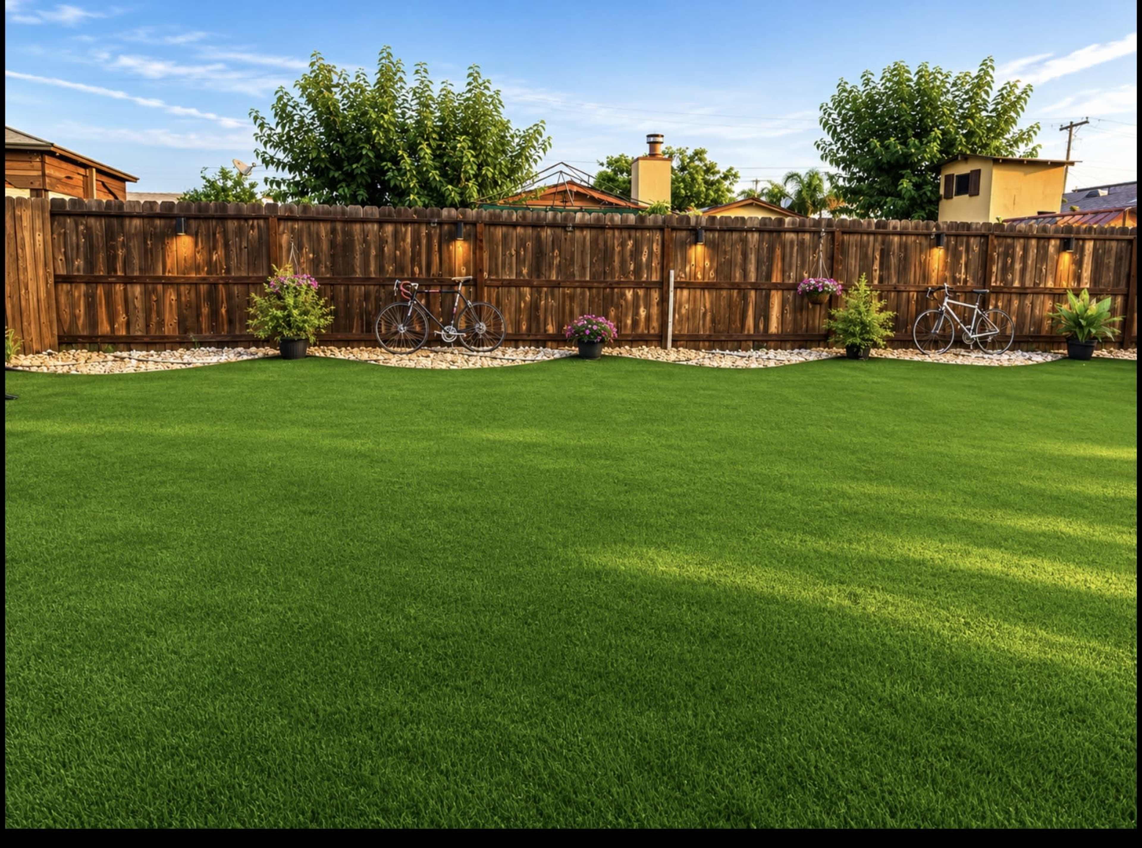 The image shows a well-maintained backyard with a lush green lawn, a wooden fence, and two bicycles leaning against the fence, surrounded by small flower beds.