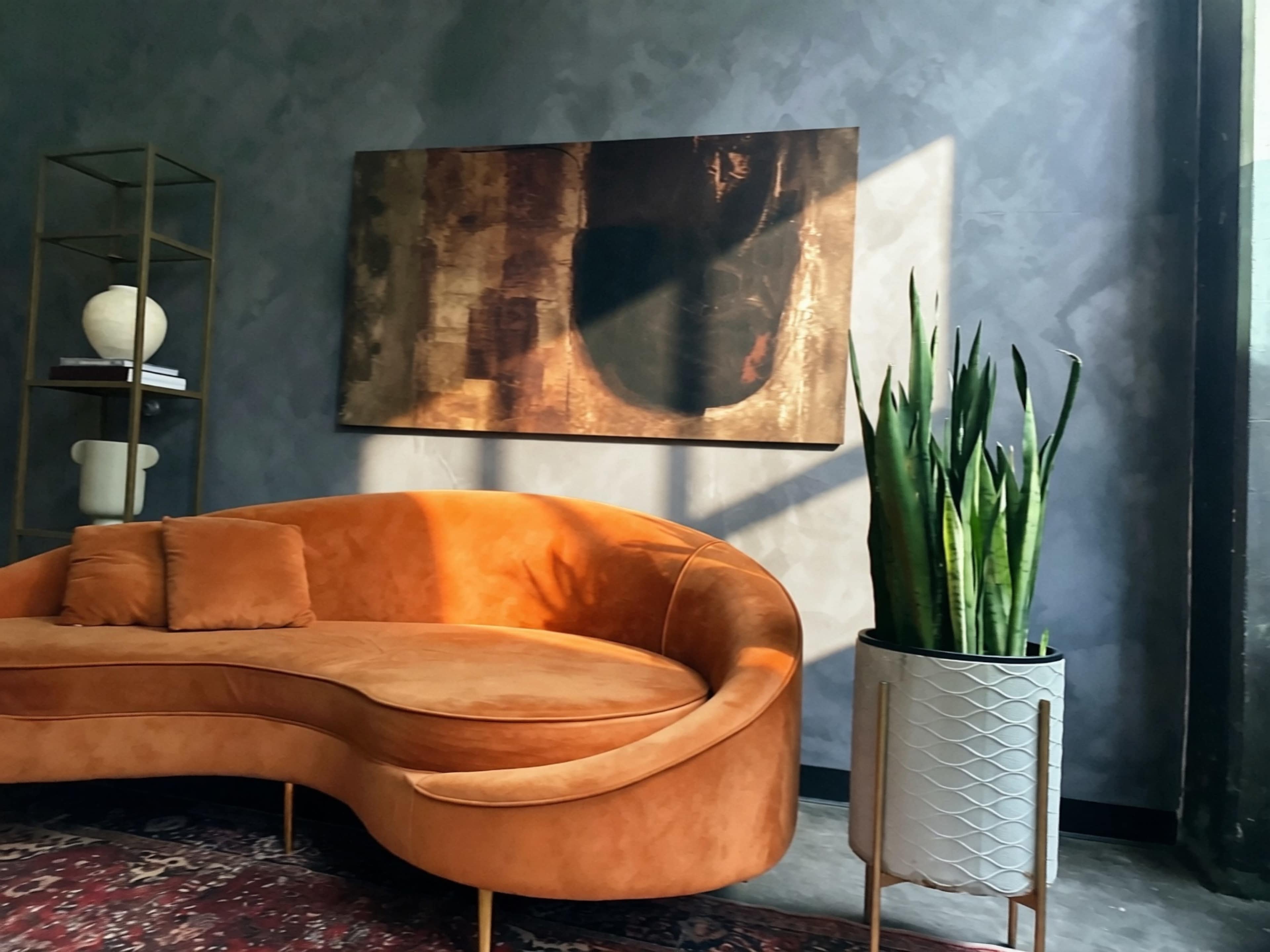 The image shows a modern interior featuring an orange curved sofa, a tall snake plant in a metal pot, and abstract wall art against a textured gray backdrop.