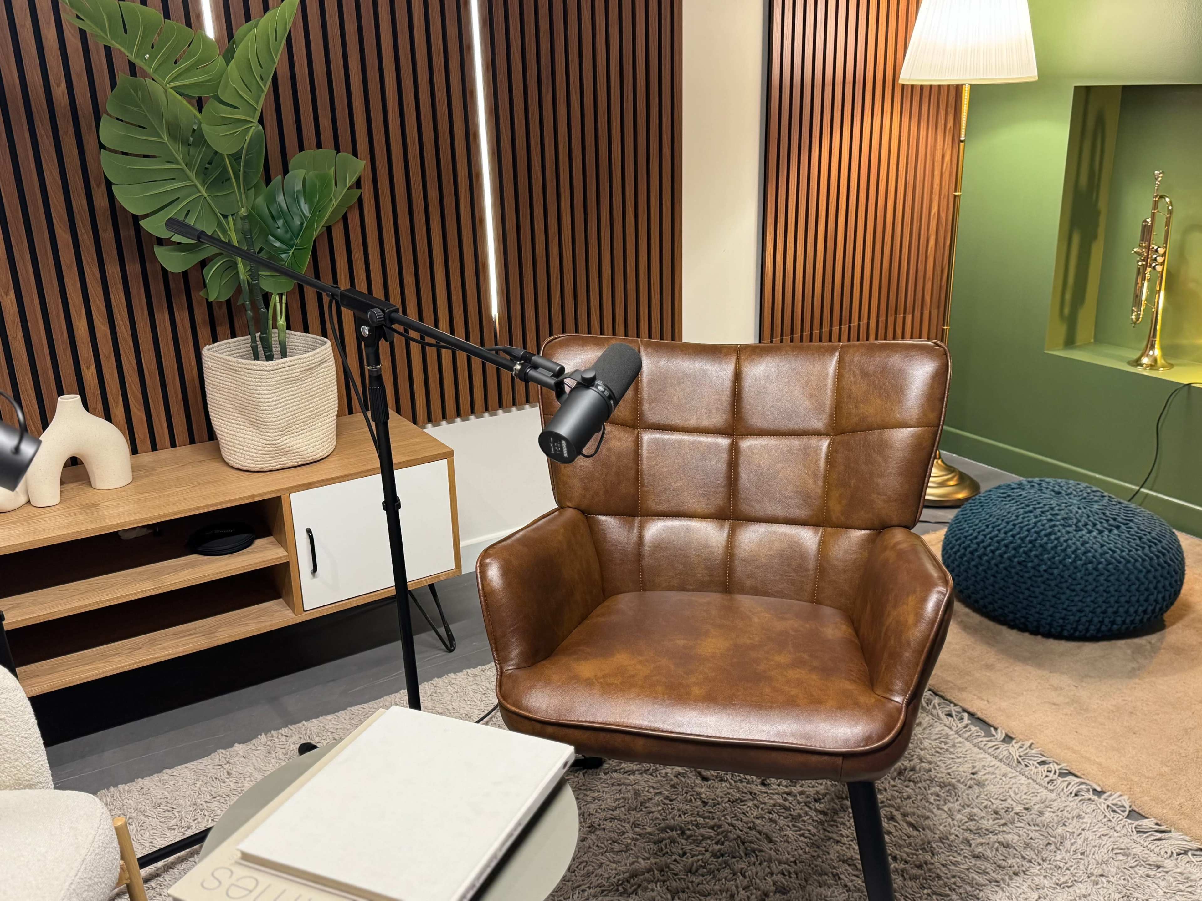 A brown leather armchair with a microphone on a stand is positioned in a modern sitting area decorated with plants and warm lighting.