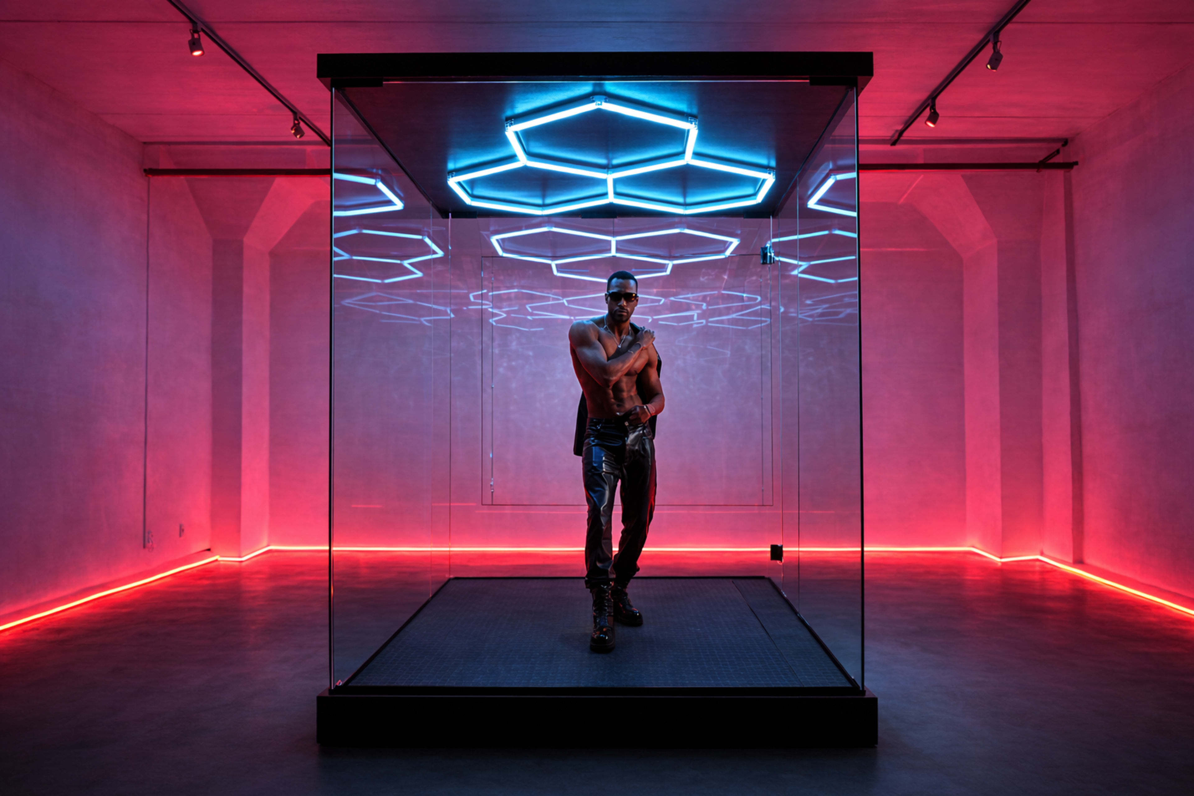 A shirtless figure poses inside a glass cube surrounded by neon lights in a dimly lit room.
