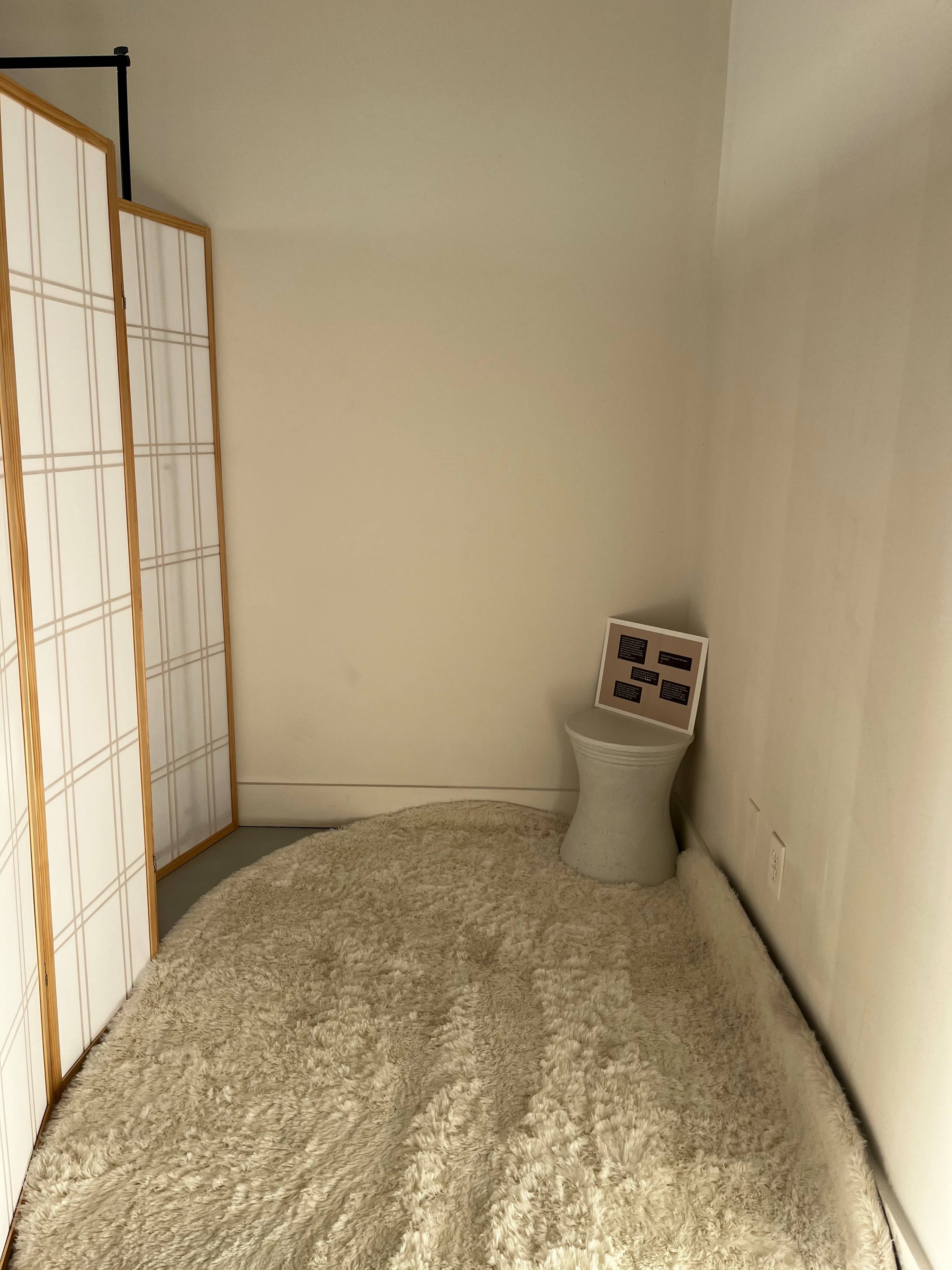 The image shows a corner of a room with a large, fluffy rug, a decorative folding screen, and a small pedestal table displaying a framed collection of images or information.