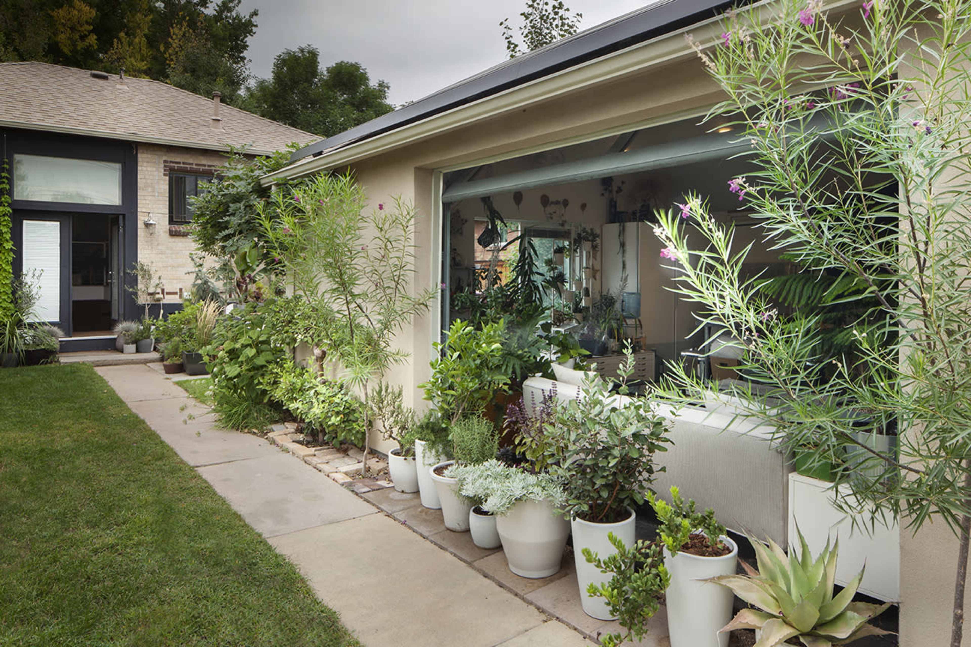 A modern home features a glass wall with a view of indoor plants, surrounded by an outdoor garden filled with potted greenery.