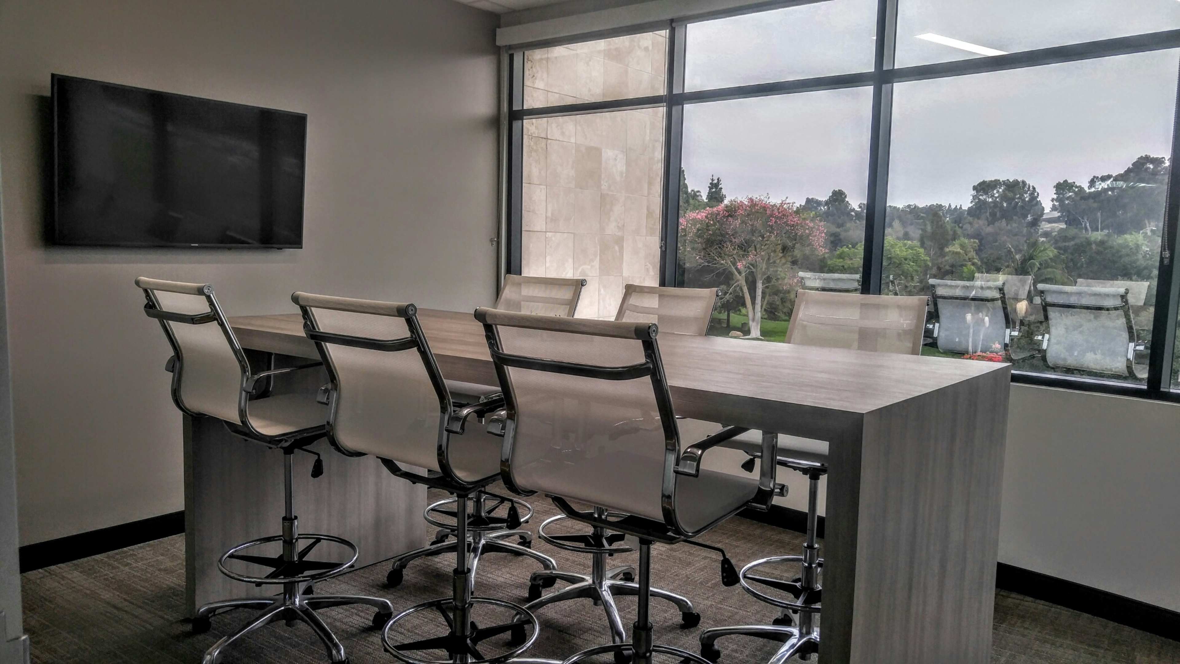 The image shows a modern conference room with a long table and several high-backed chairs, featuring large windows that overlook a green landscape.