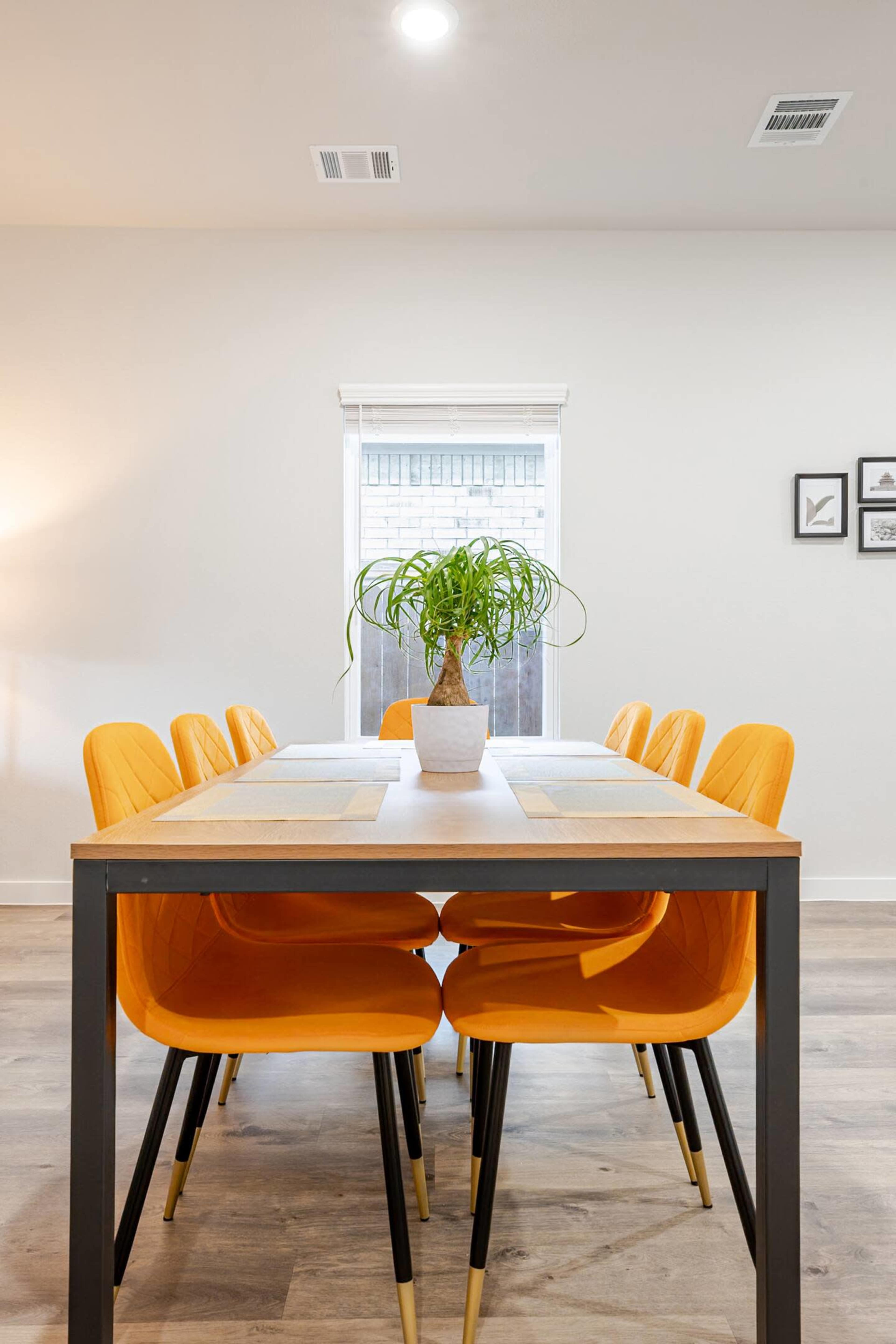 A dining table with orange chairs surrounds a central plant, positioned in a well-lit room with a window and wall art.