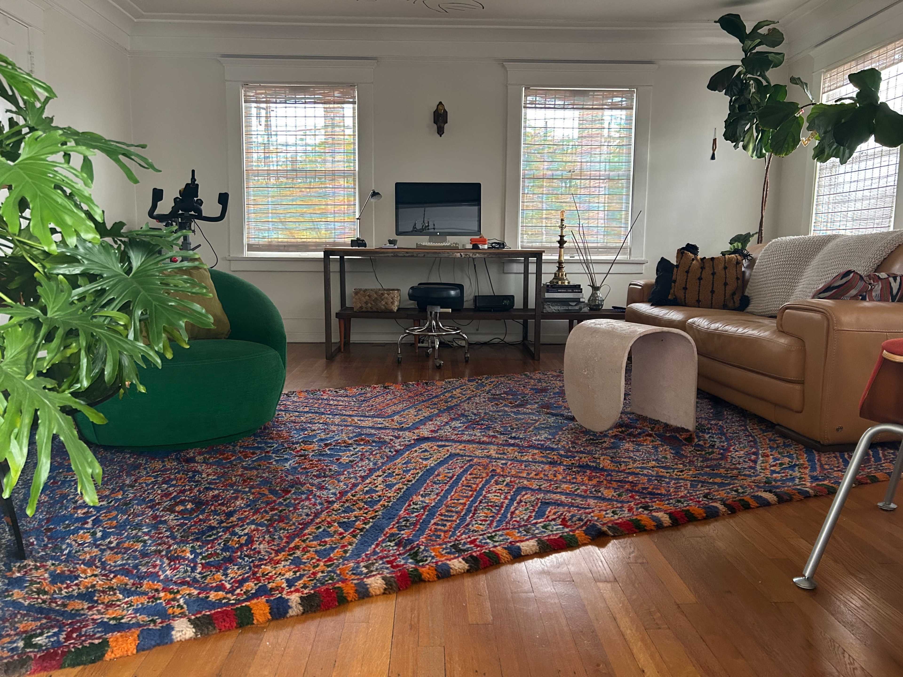 The room features a green beanbag chair, a brown leather couch, a wooden desk with a computer, and a patterned rug, surrounded by large windows and indoor plants.