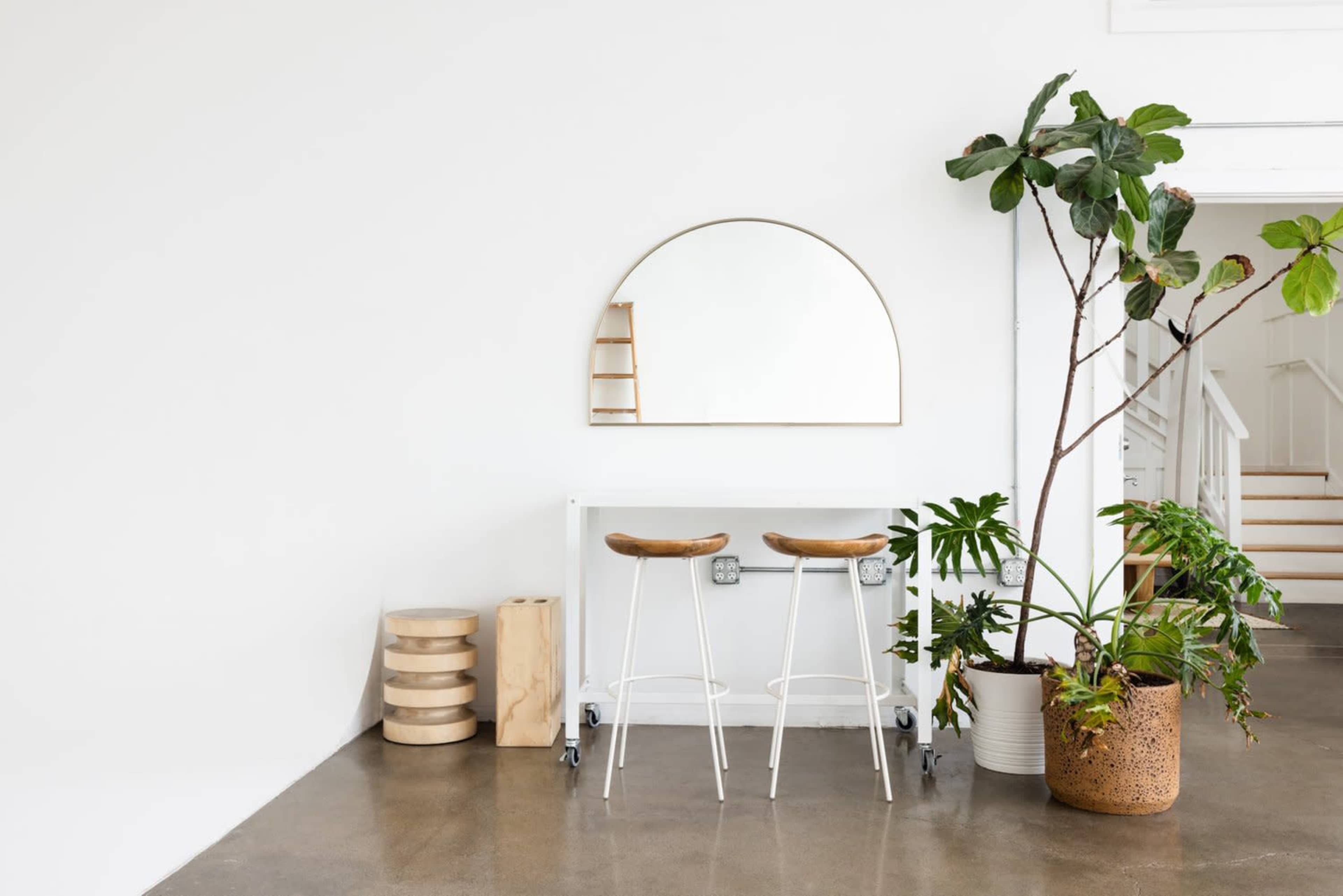 A minimalist space features two white stools in front of a round mirror, with a tall potted plant and wooden elements nearby.