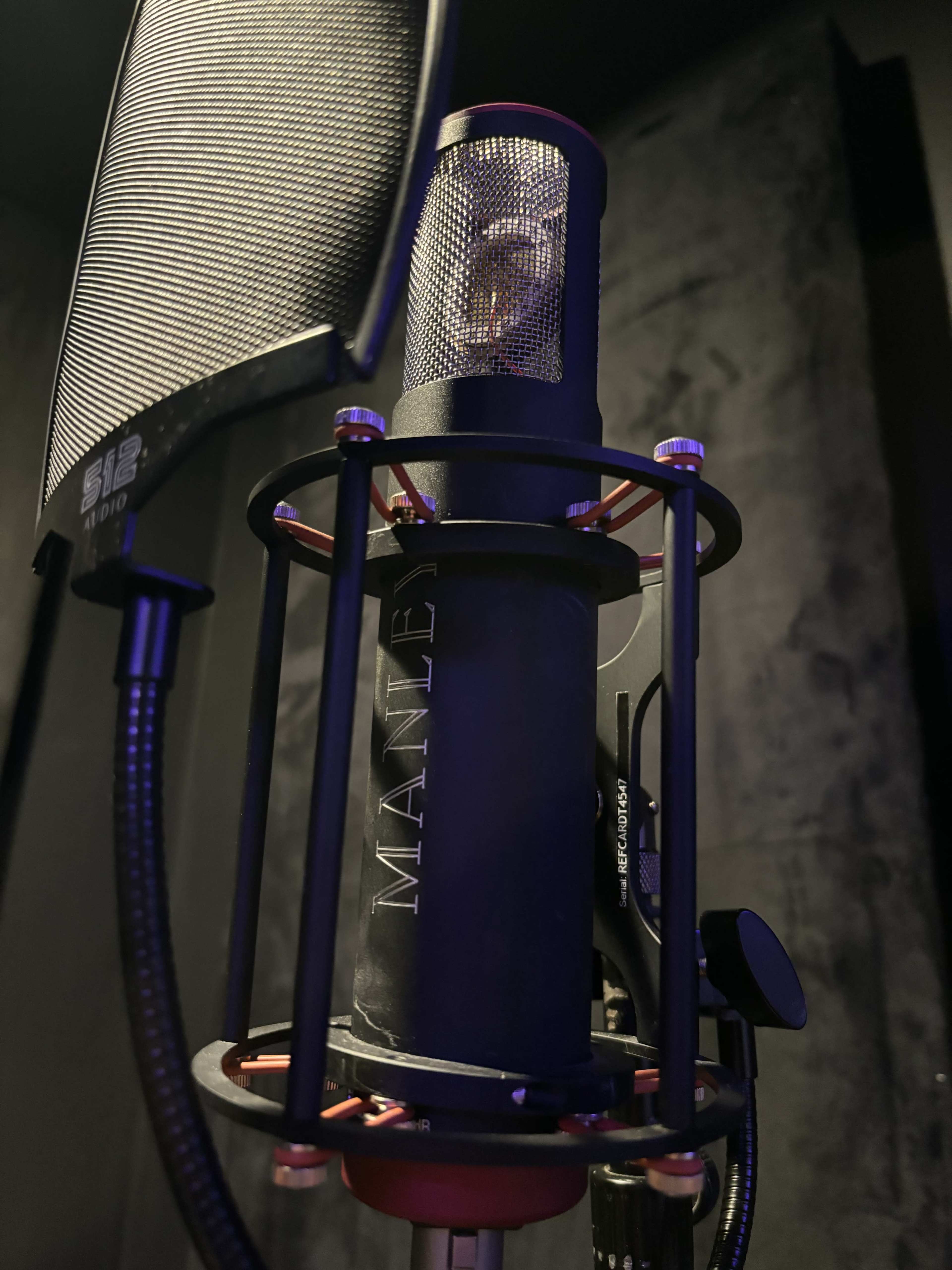 A black microphone with a mesh pop filter is positioned on a stand against a dark background.